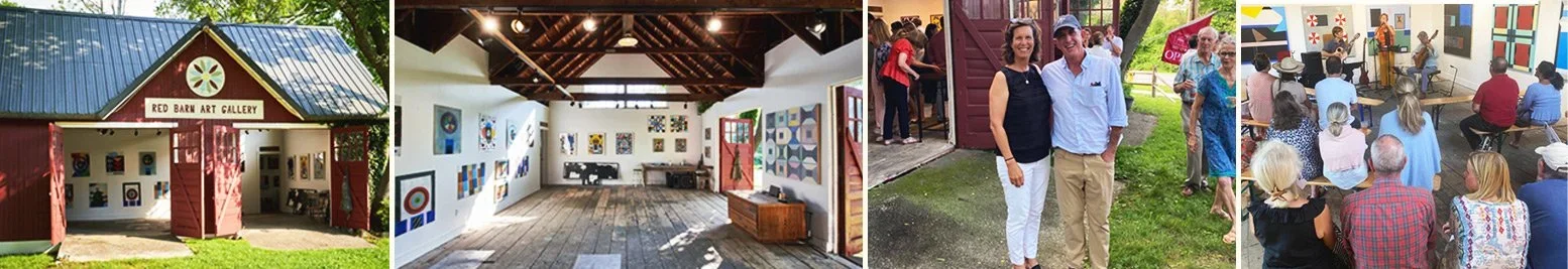 A collage of four images: the first shows the exterior of the Red Barn Art Gallery; the second shows the interior with art on white walls and wooden floors; the third shows two people standing outdoors near a red barn with a group of people in the background; the fourth shows an art event with people sitting and standing, and artwork on the walls inside.