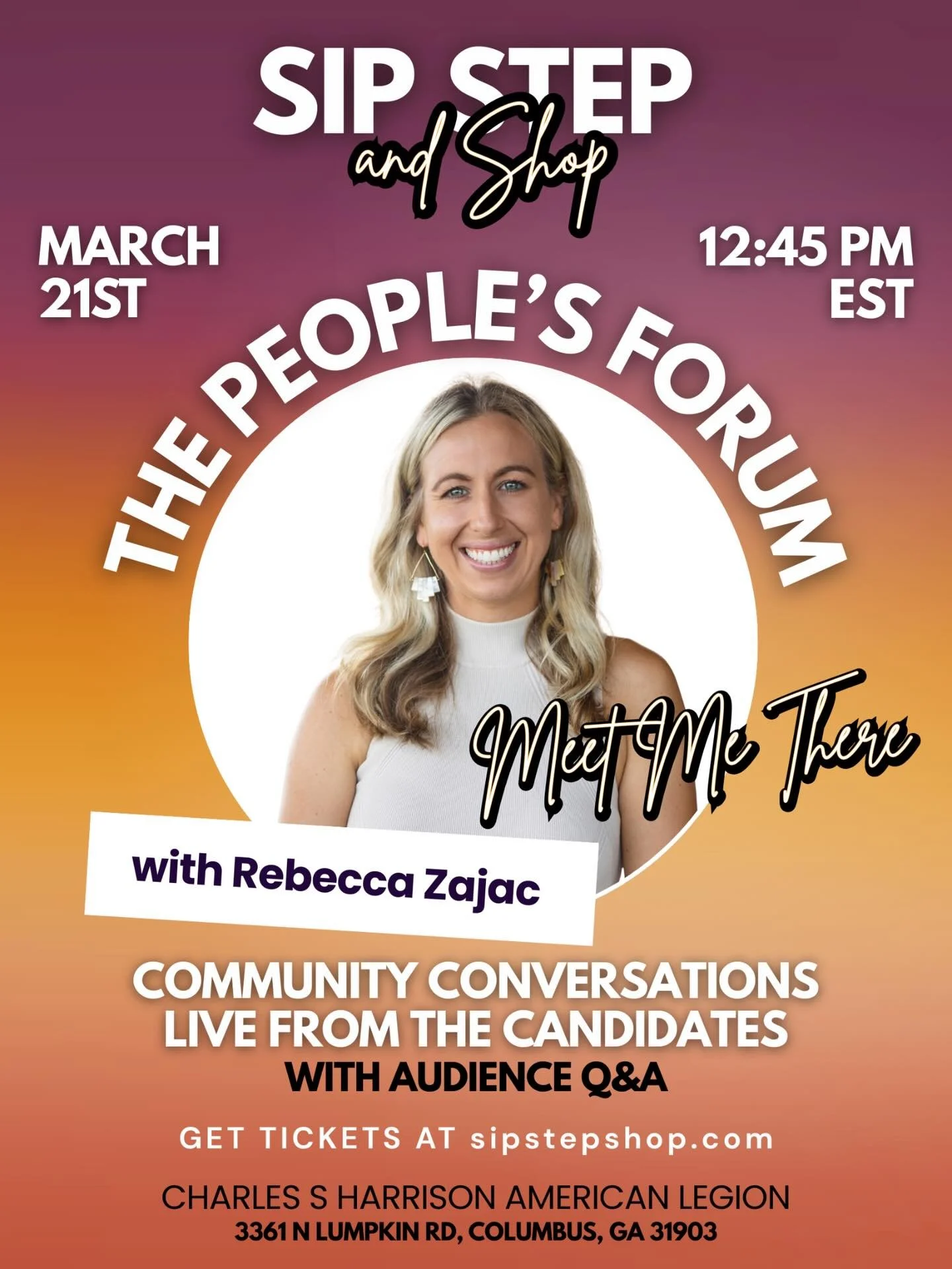 Say You&rsquo;ll Be There! 💫

Join me at Sip, Step &amp; Shop this Saturday, March 21st at the Charles S. Harrison America Legion. 

Kick things off with The People&rsquo;s Forum at 12:45 PM, then stay to shop amazing vendors, enjoy live performance