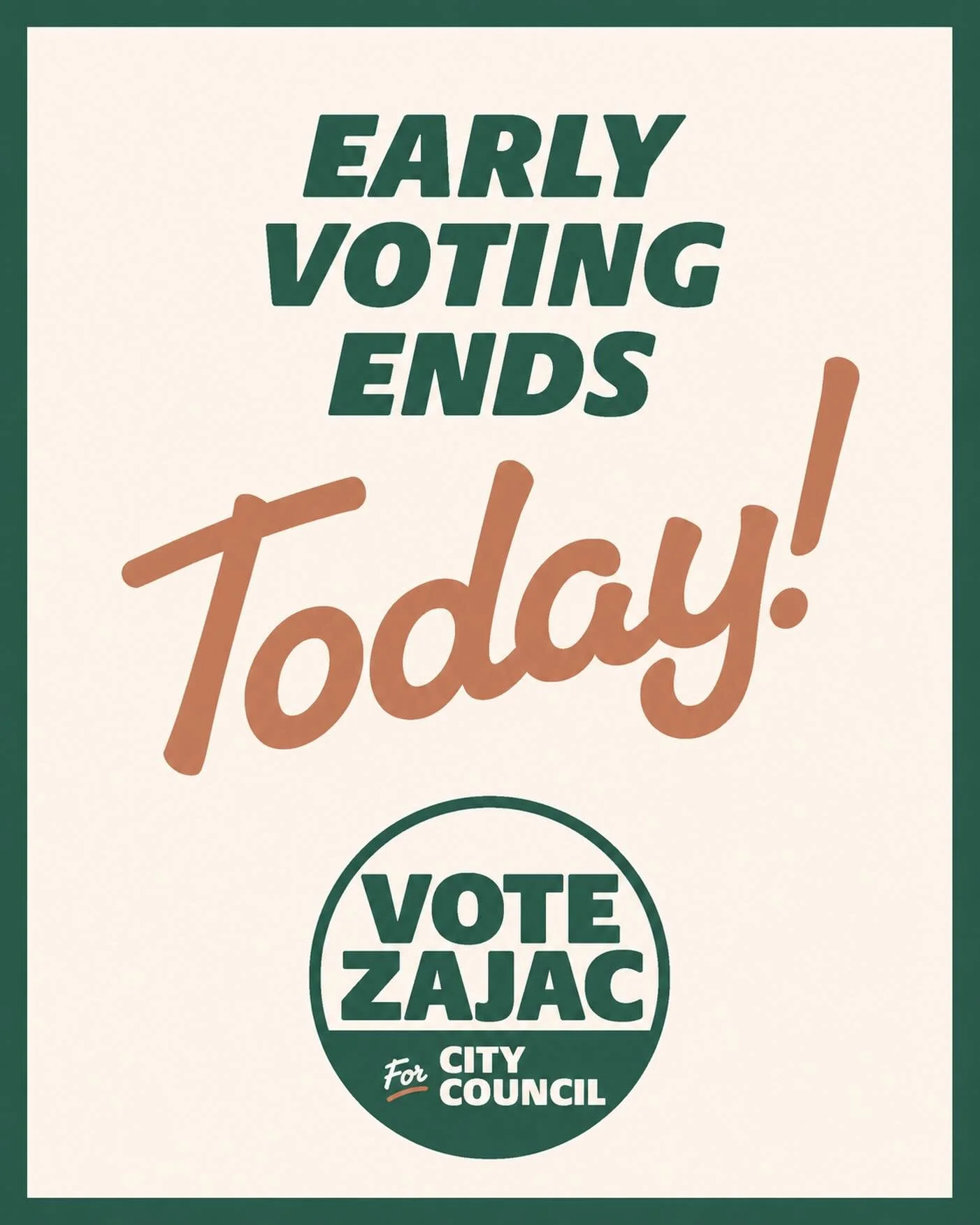 Today is the LAST DAY to Vote Early! 

Life gets busy. 
Bank your vote today &amp; know it&rsquo;s done.
🗳️ Rebecca &ldquo;Becca&rdquo; Zajac for District 7

📍Citizens Service Center, 3111 Citizens Way
⏰ 7am-7pm
- Lines have been shortest in the mo