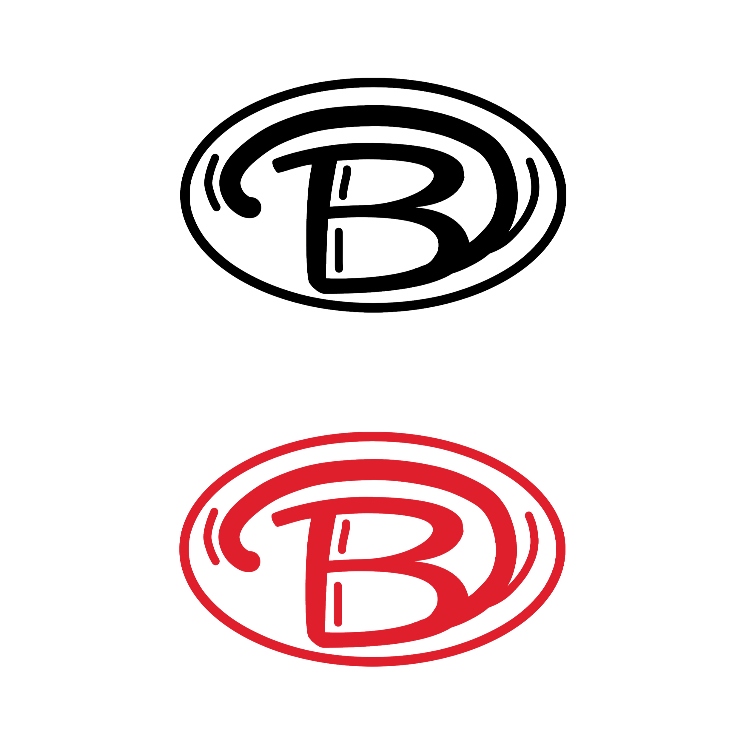 Neon sign with two circular logos, the top logo is black with a white outline, the bottom logo is red with a black outline, both featuring a stylized 'B' inside a circle.
