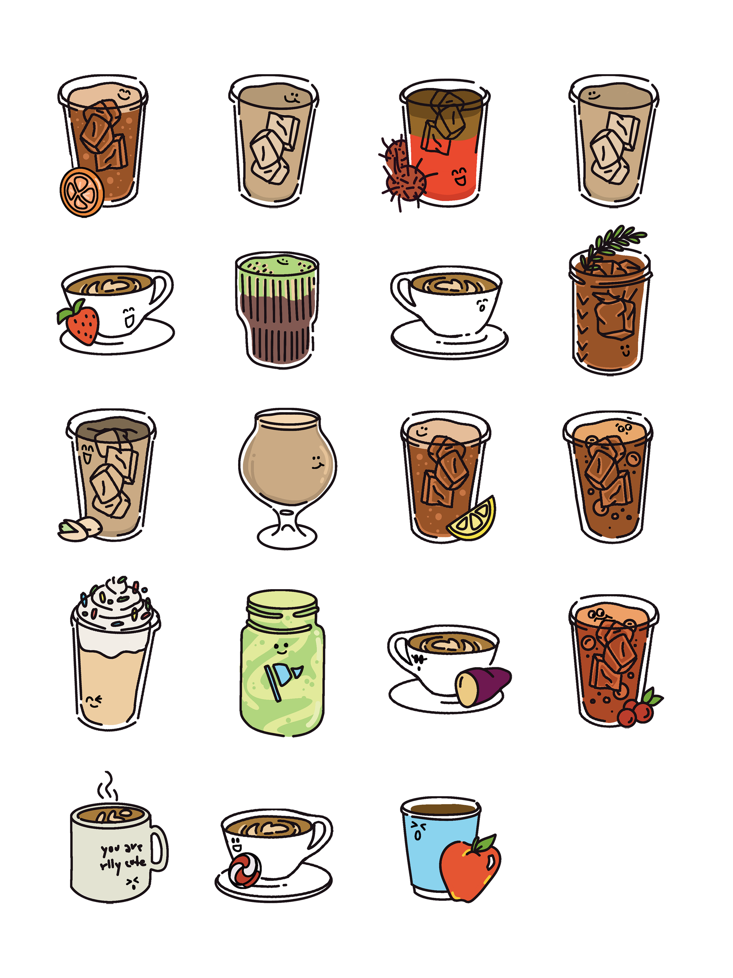 Collection of cartoon-style beverage illustrations including iced teas, coffees, smoothies, and hot drinks, all with smiling faces and various garnishes.