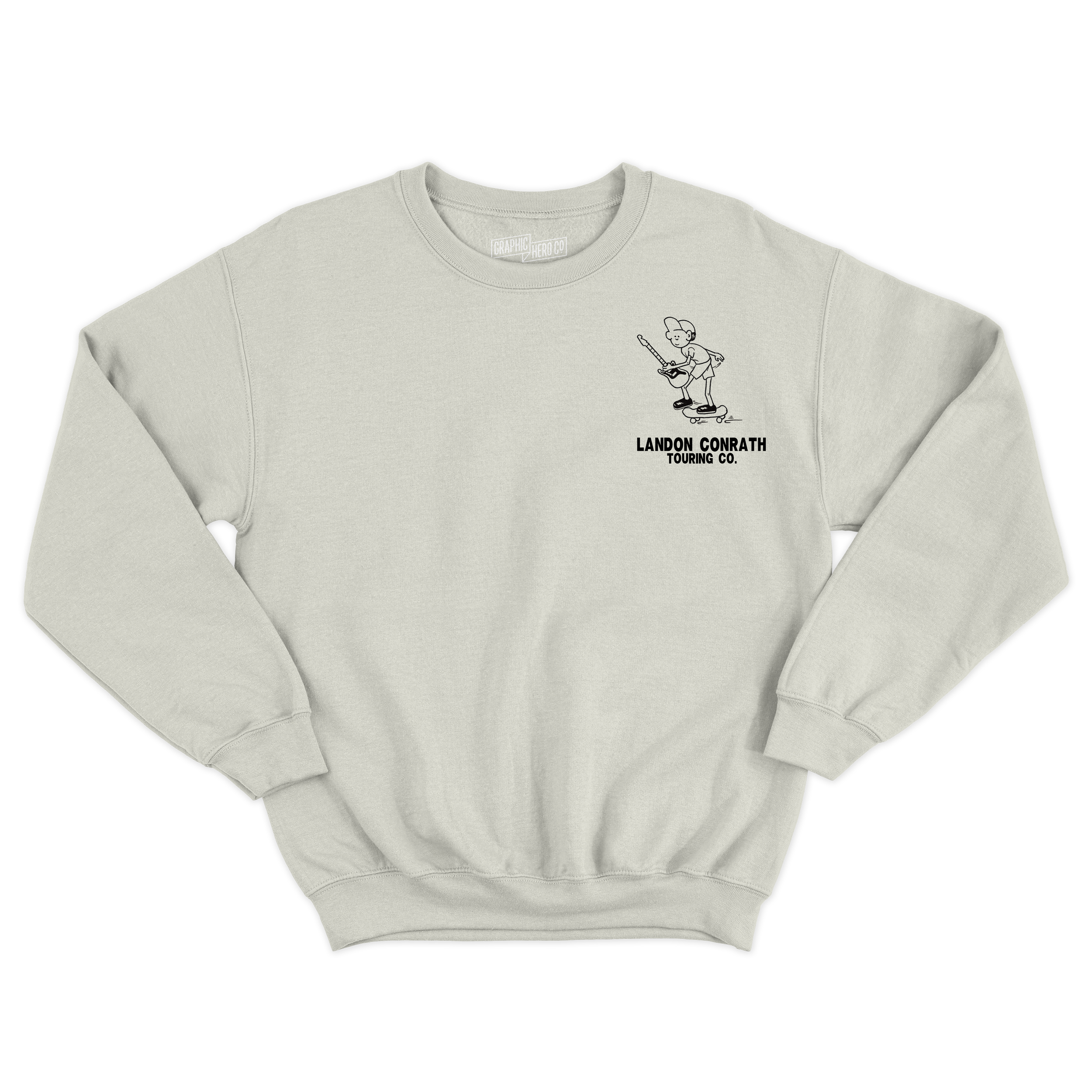 Cream-colored sweatshirt with a small illustration of a person skateboarding while playing guitar on the upper left chest, alongside text reading 'LANDON CONRATH TOURING CO.'
