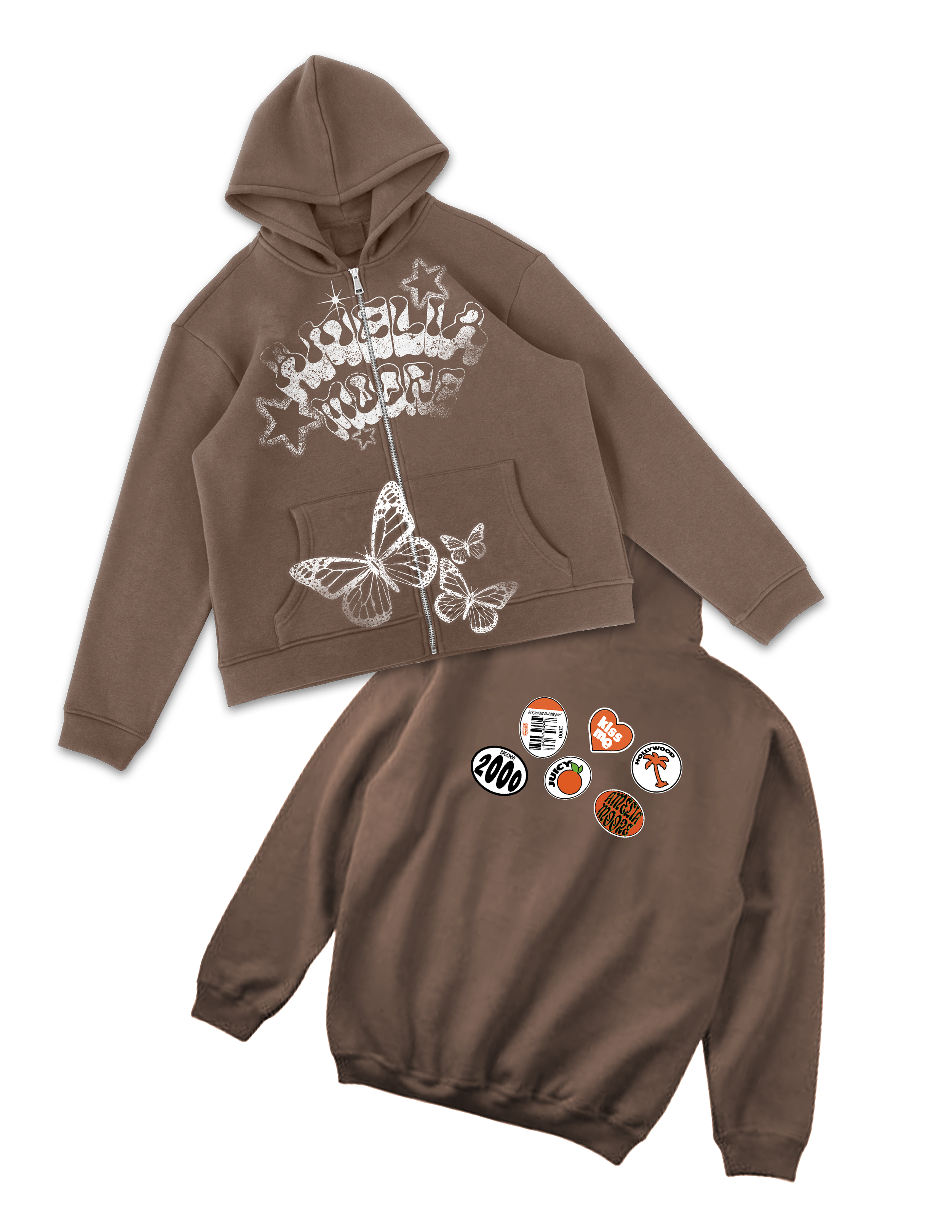 Brown hoodie with graphic print of butterflies and stars on the front, and matching brown sweatshirt with multiple colorful patches on the back.