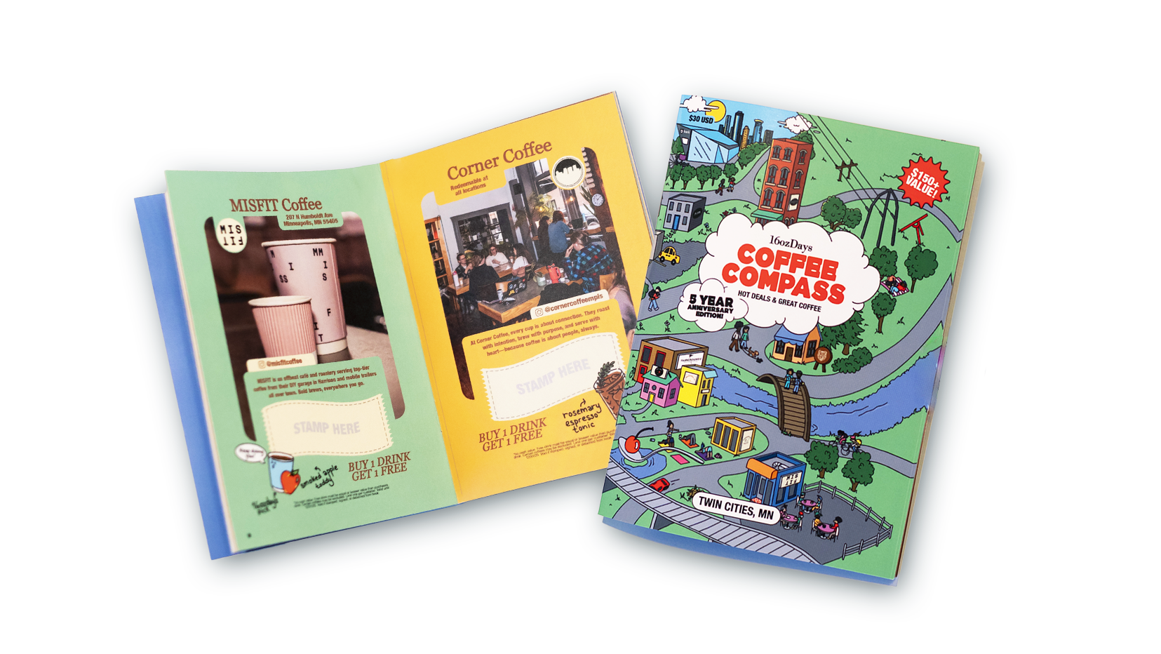 Open brochure with colorful illustrations of Twin Cities, Minnesota, including parks, bridges, and cityscape, advertising Coffeeb Compass 16oz Days for hot deals and great coffee.