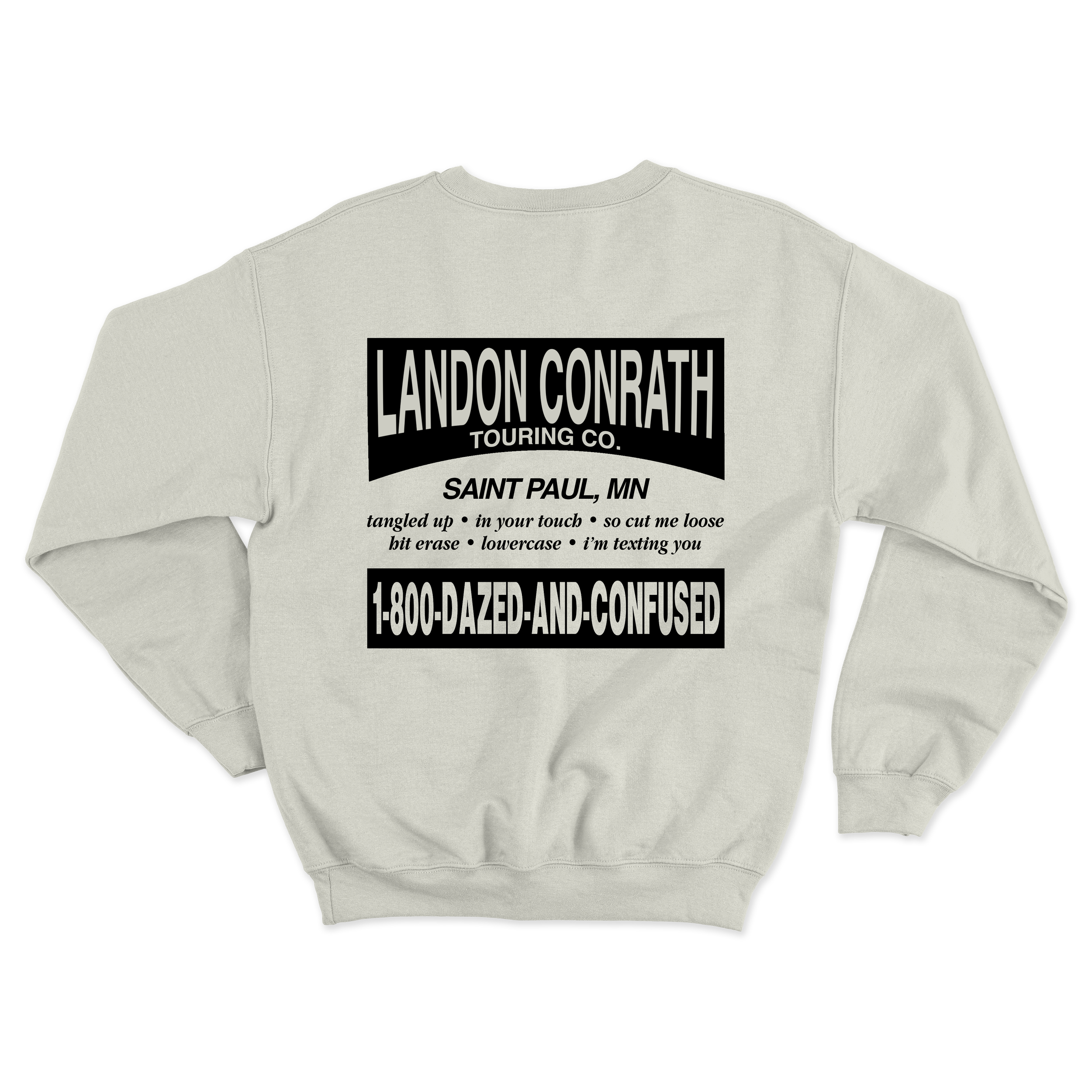Back of a gray sweatshirt with black and white text promoting a music tour by Landon Conrath, including contact info and a phone number.
