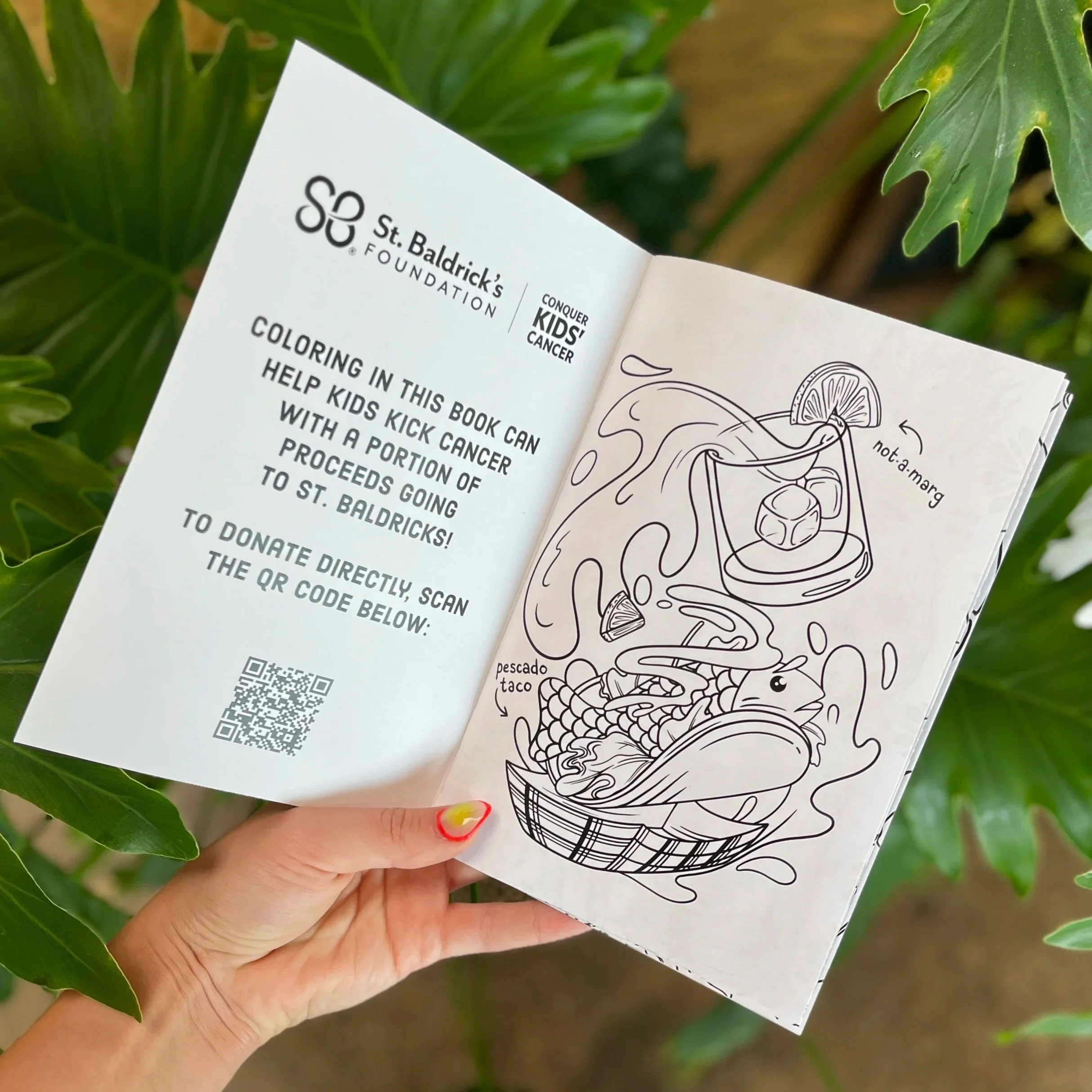 A booklet page with information about a fundraiser by St. Baldric's Foundation to help kids kick cancer, featuring a QR code for donations and a coloring illustration of a bowl of fish and noodles with a note on the image.