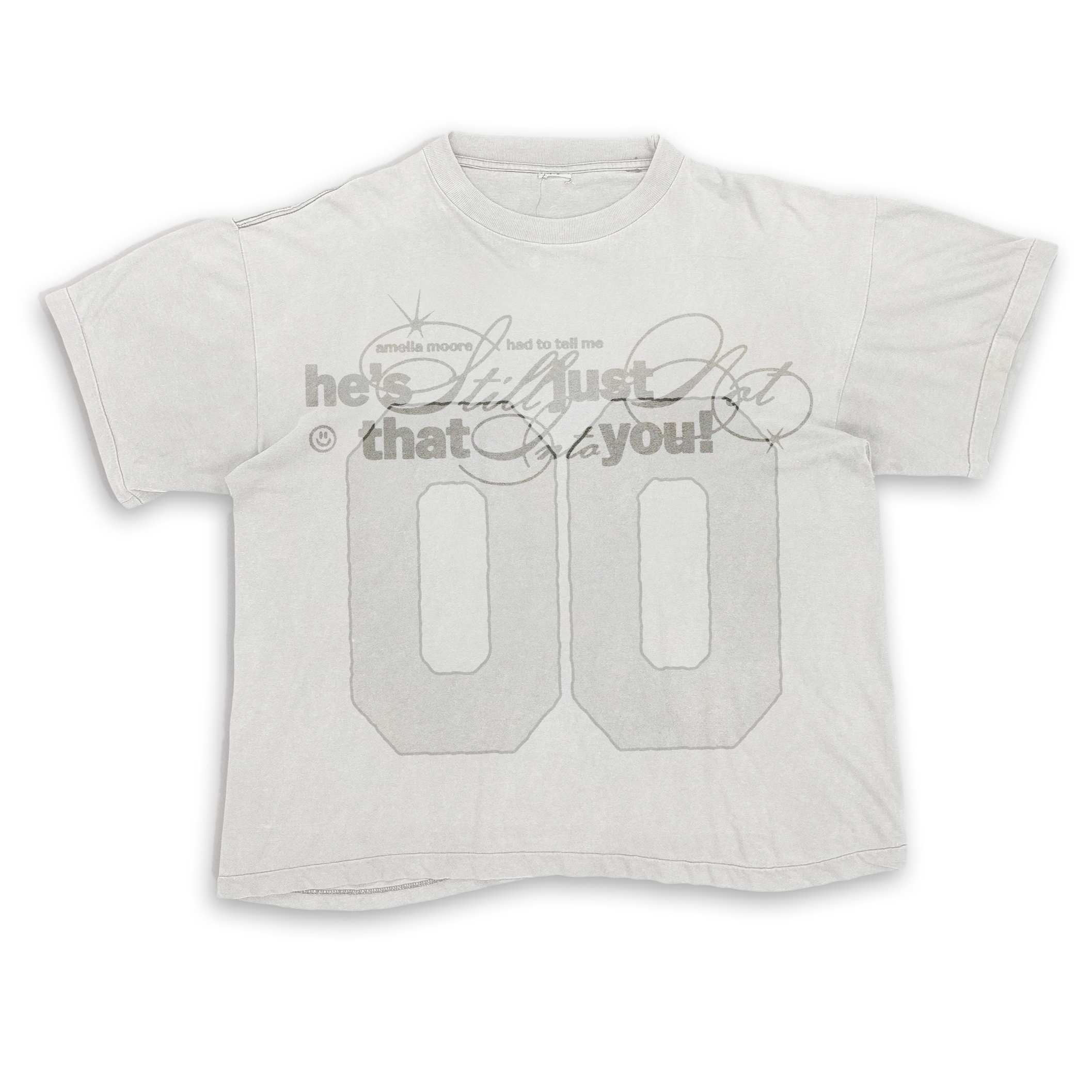 White T-shirt with gray text and graphics, including the number 00 and cursive script, on a black background.