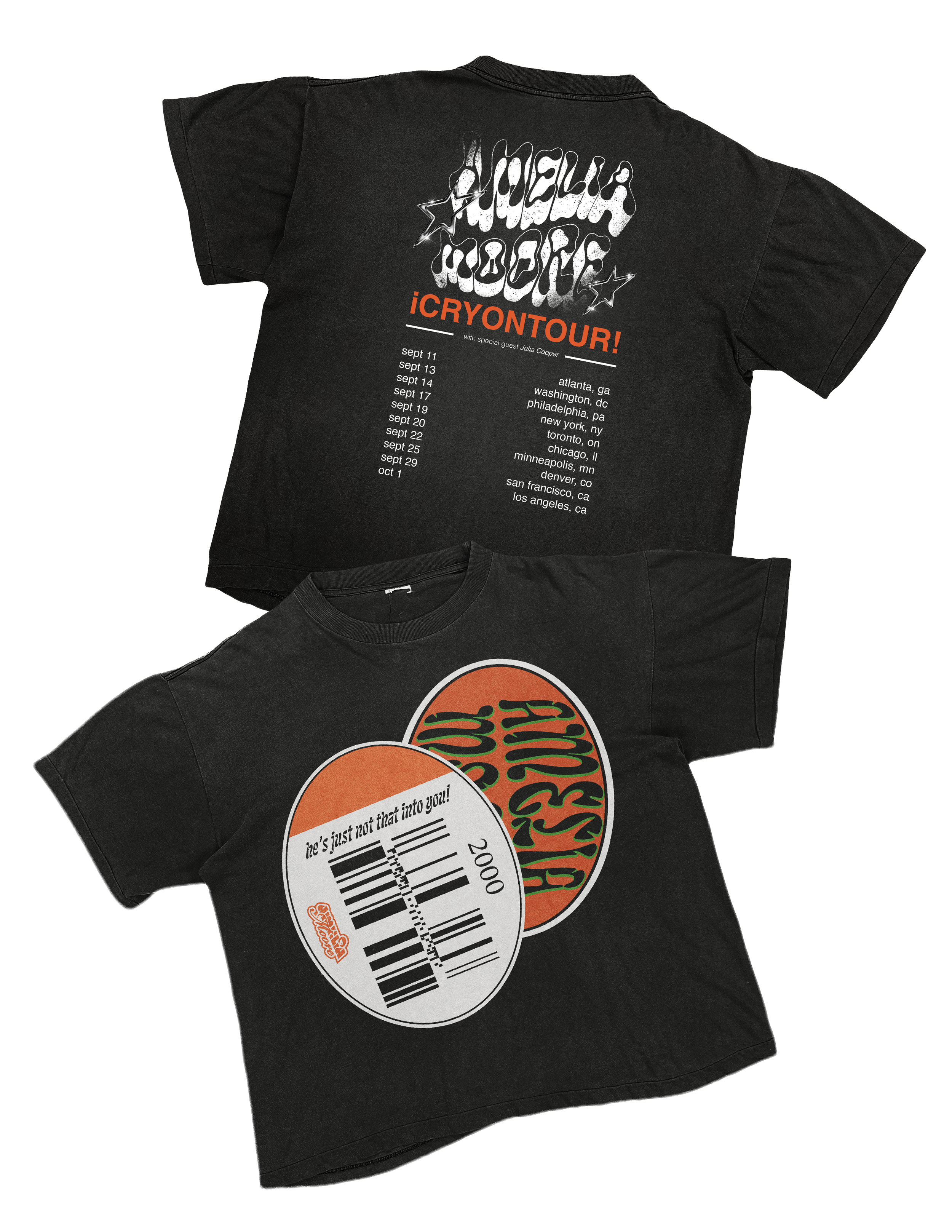 Two black concert T-shirts, one with tour details and the other with a barcode design, laid flat on a black background.