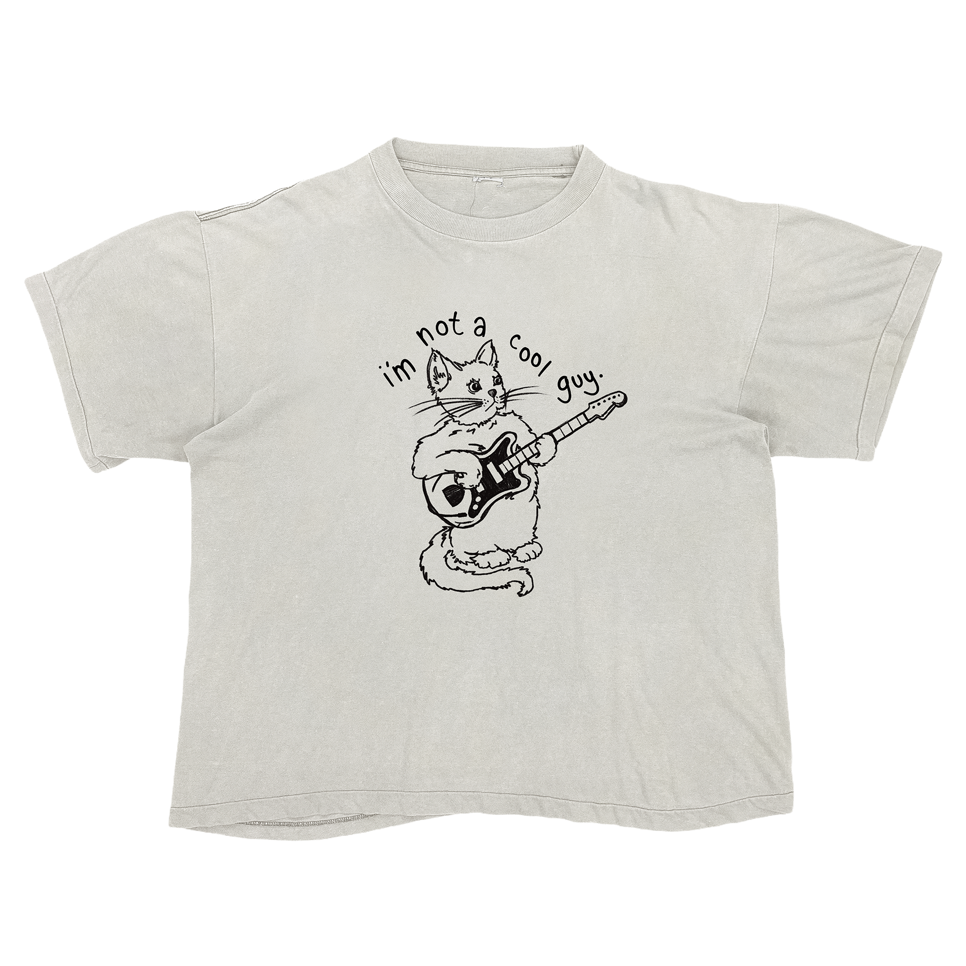 A white T-shirt with a cartoon drawing of a cat holding a guitar and the text 'I'm not a cool guy' above the cat.