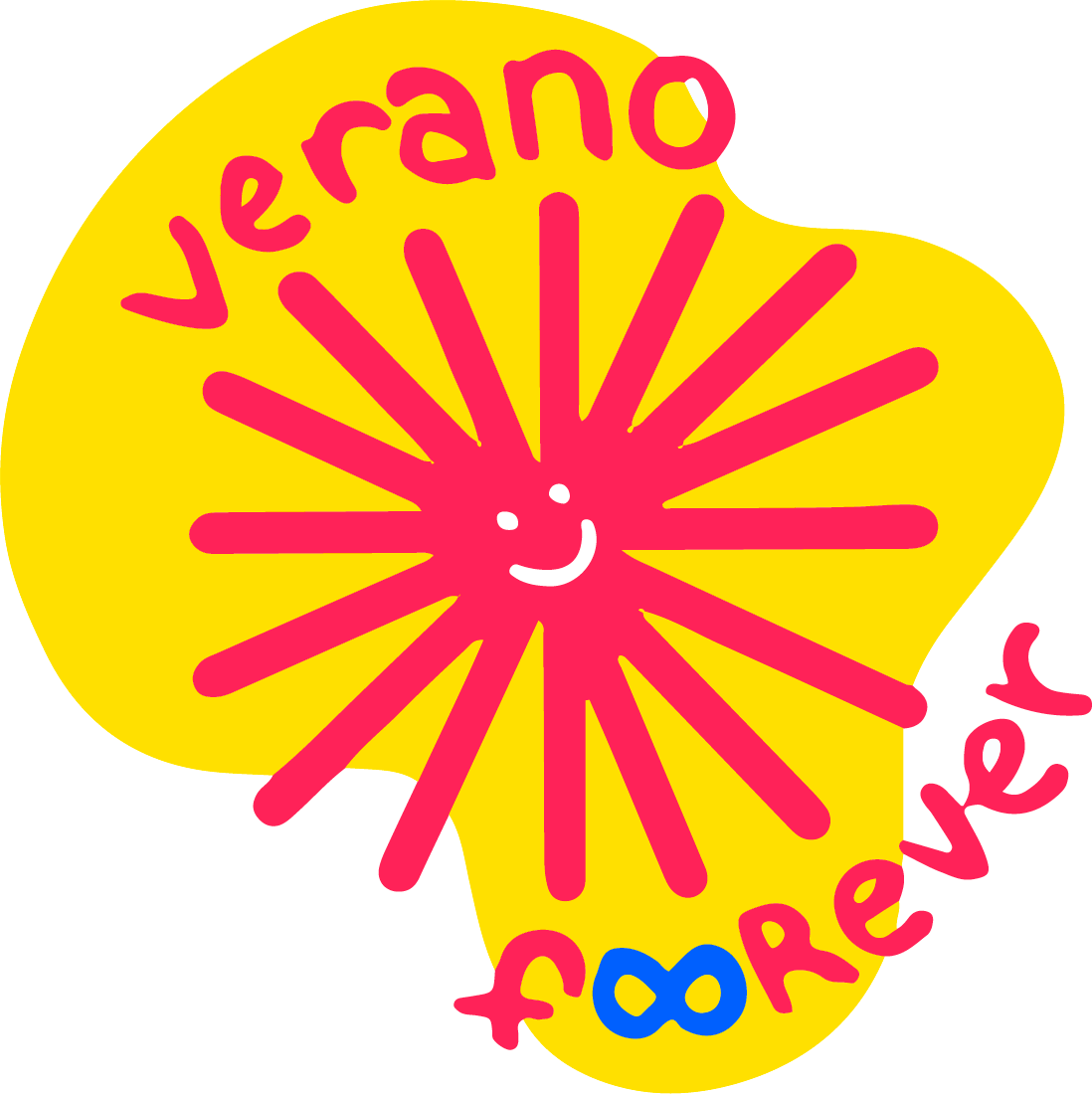 Bright yellow background with a pink smiling starburst face and a blue infinity symbol. Red text reading "Verrano" and "Forever" surrounds the face in a playful font.