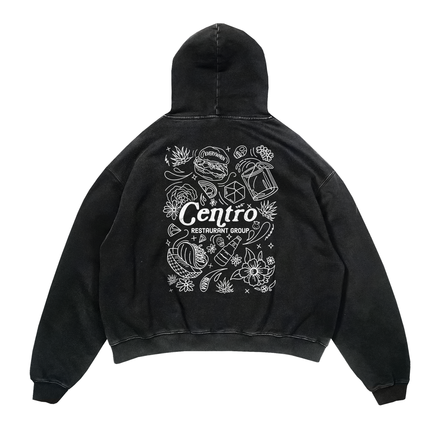 Black hoodie with white illustrated design on the back featuring food items and the text 'Cento Restaurant Group'.