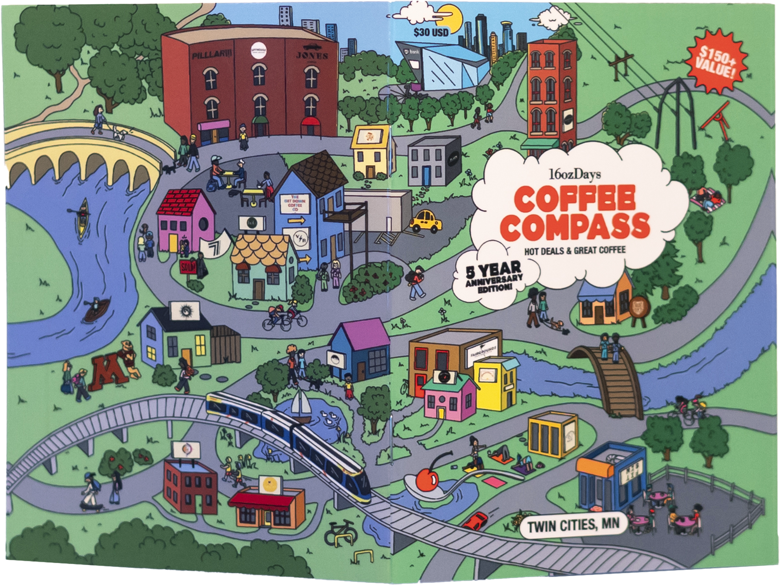 Colorful illustrated map of Twin Cities, MN, featuring parks, buildings, bridges, water, people biking, walking, and engaging in outdoor activities. Key highlights include the Powder Blue Coffee Compass logo, a train, a playground, and various buildings with signs. The map emphasizes community, nature, and local attractions.