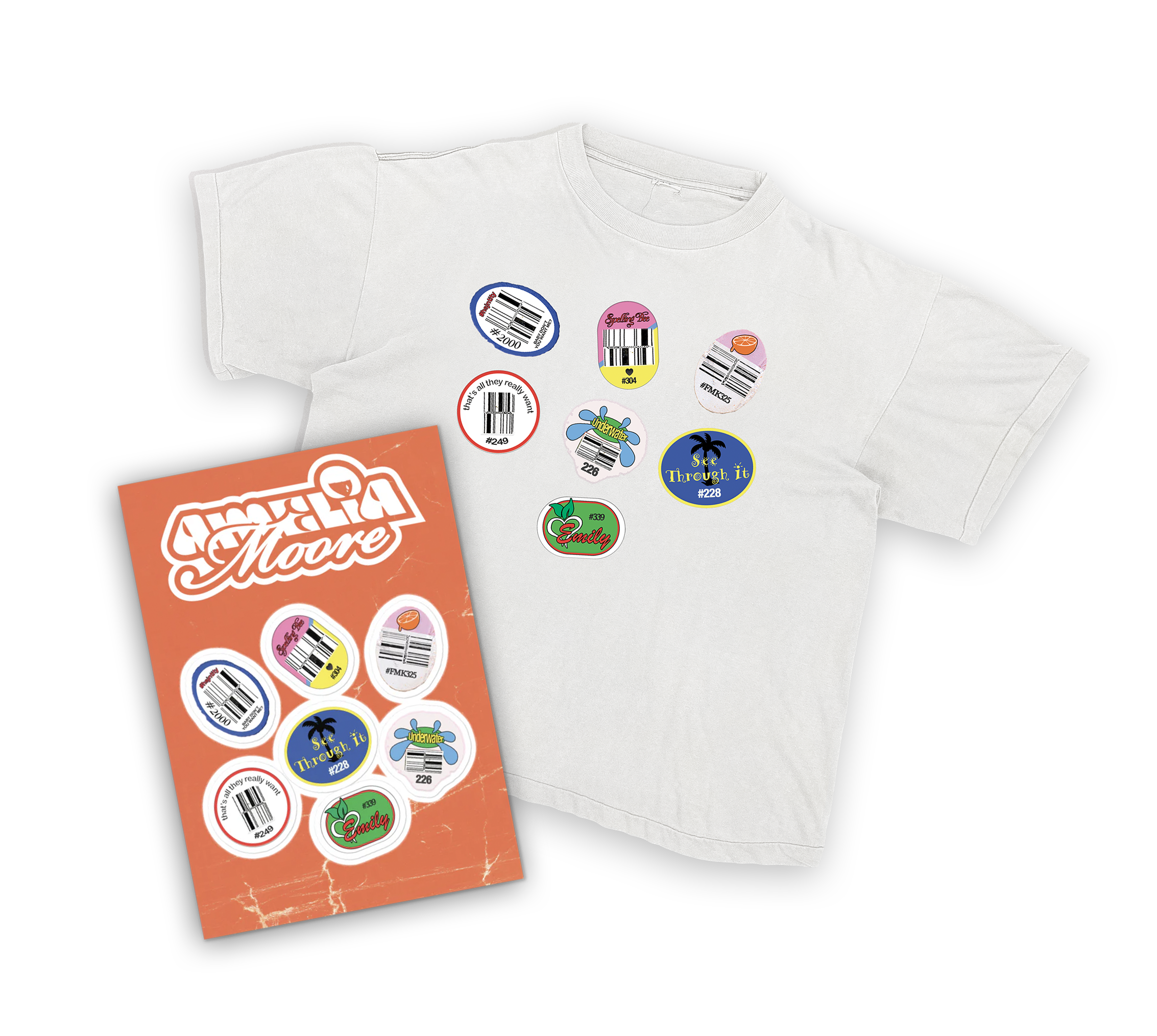 White T-shirt with multiple colorful stickers resembling barcodes, numbered, and some with text or illustrations, displayed next to an orange promotional card with the same stickers.