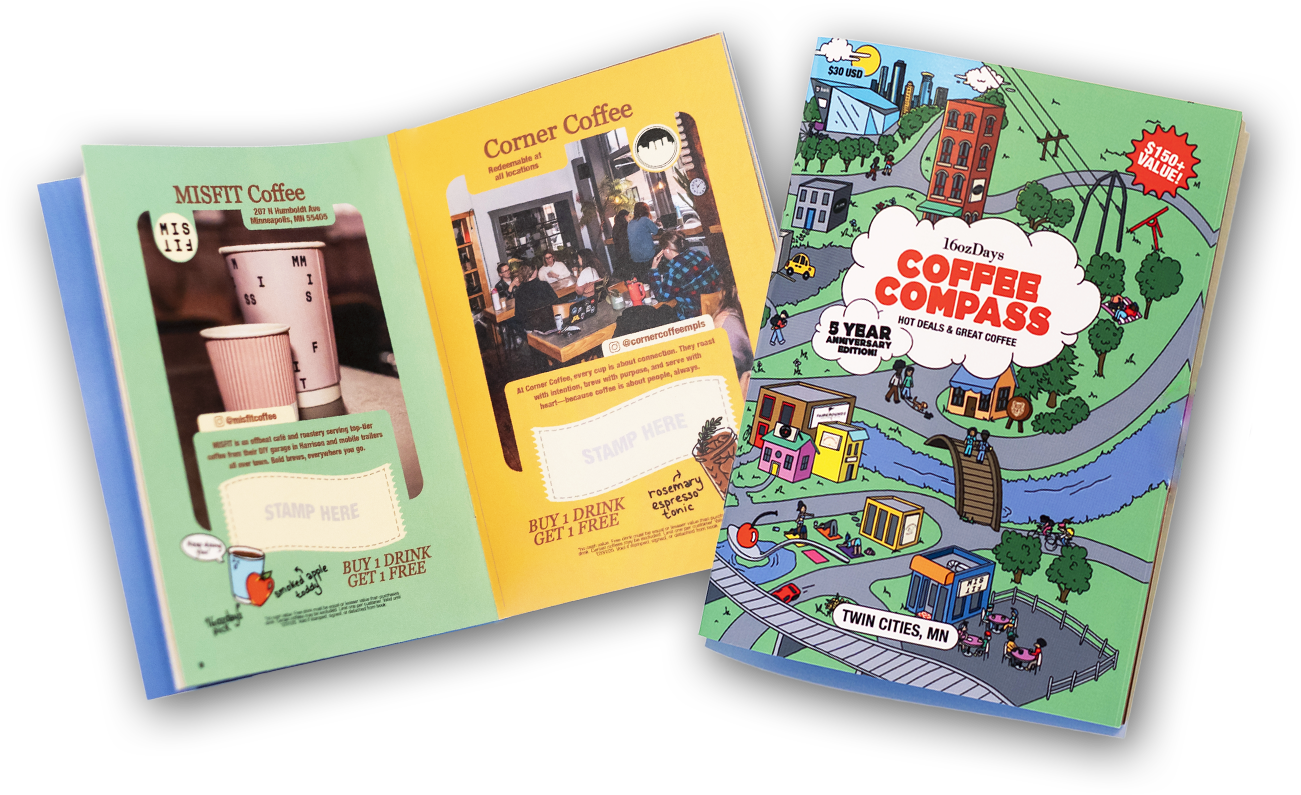 Colorful brochure for Copper Compass coffee shop in Twin Cities, Minnesota, featuring cartoon illustrations of a park with people, trees, buildings, and a river, with text promoting the 8-year anniversary edition and hot deals.