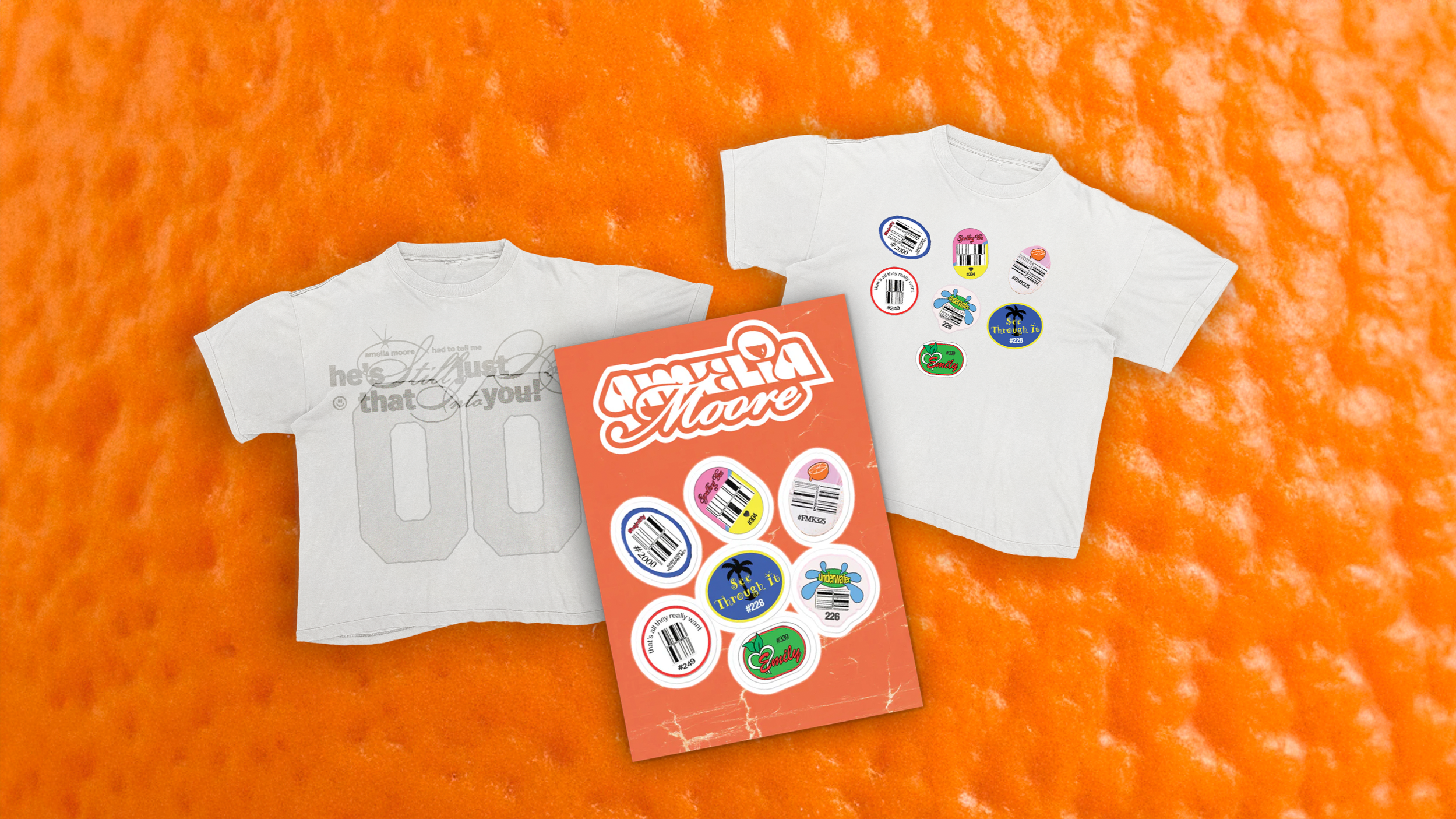 White T-shirts with various stickers and a branded card featuring stickers against an orange textured background.