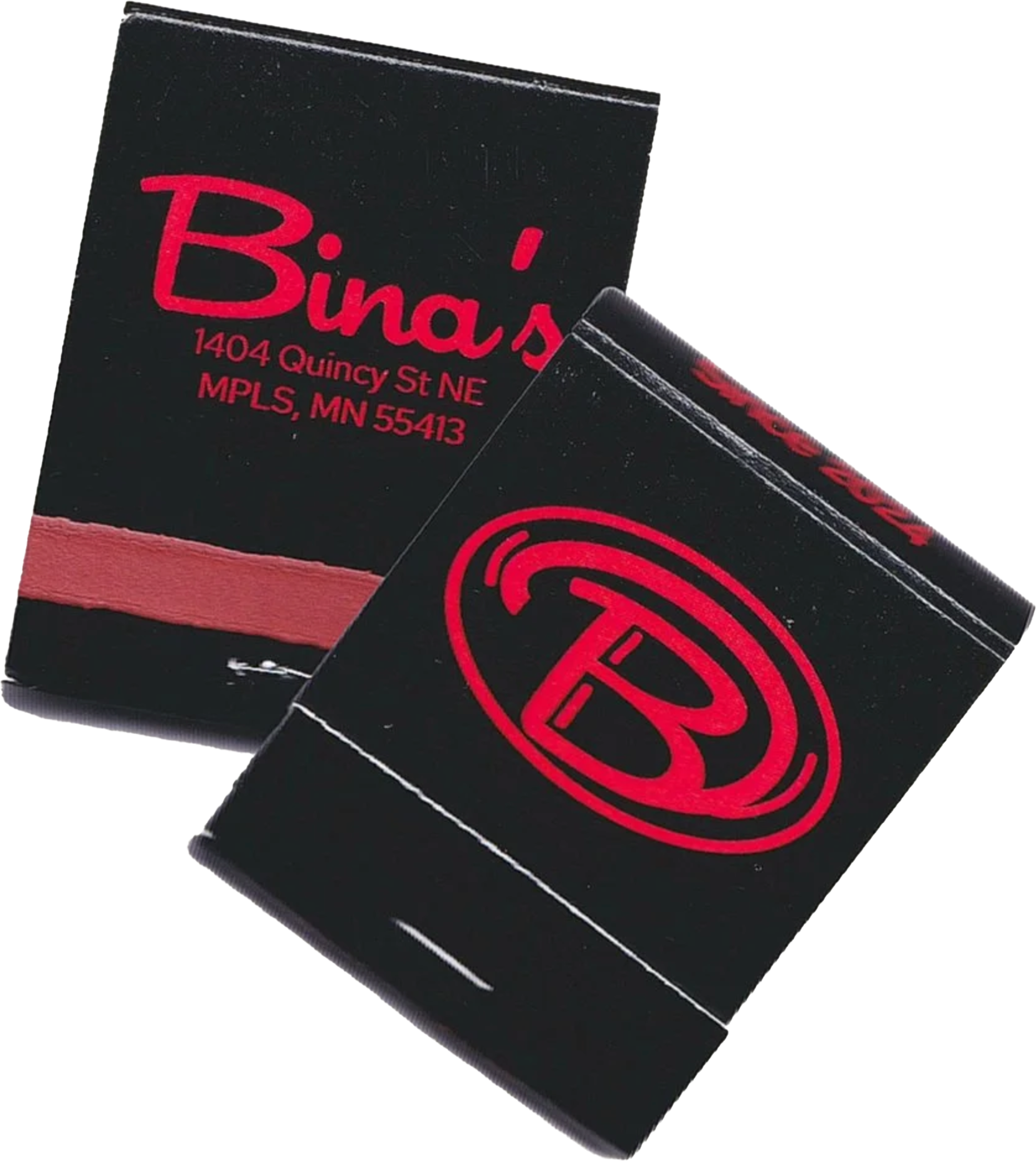 Black matchboxes with red text and logo, one showing the address 1404 Quincy St NE, MPLS, MN 55413, and the other displaying a red circular logo with a stylized 'B'.