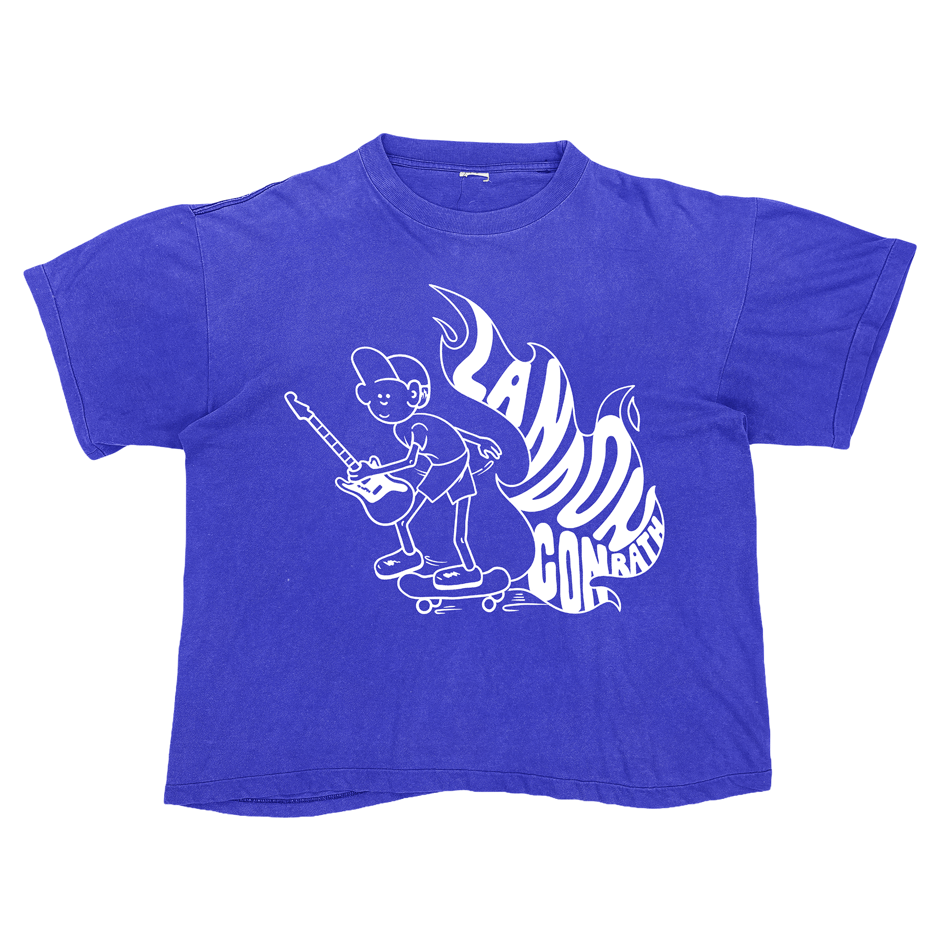 Blue T-shirt with a white graphic of a person skateboarding while holding a guitar, with the words 'LAZY CONFRAT' integrated into a flaming design.