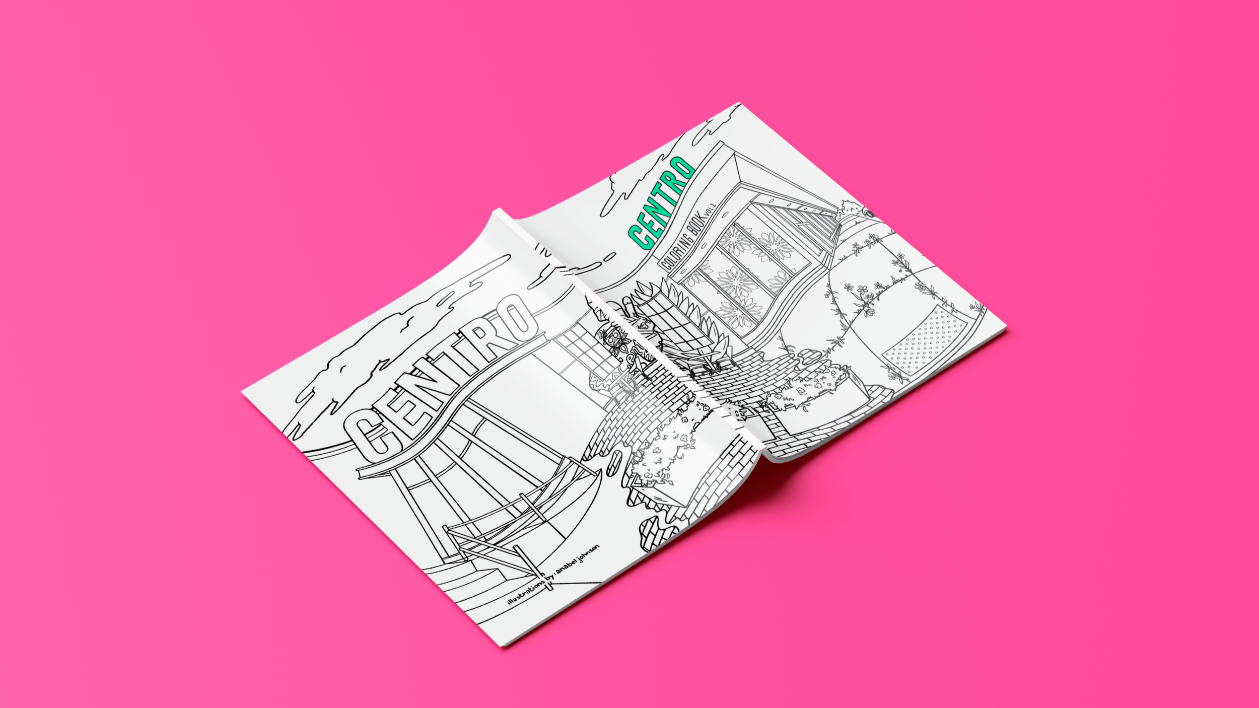 Black and white drawing of a storefront called 'CENTRO' with storefront windows and outdoor plants, on pink background.