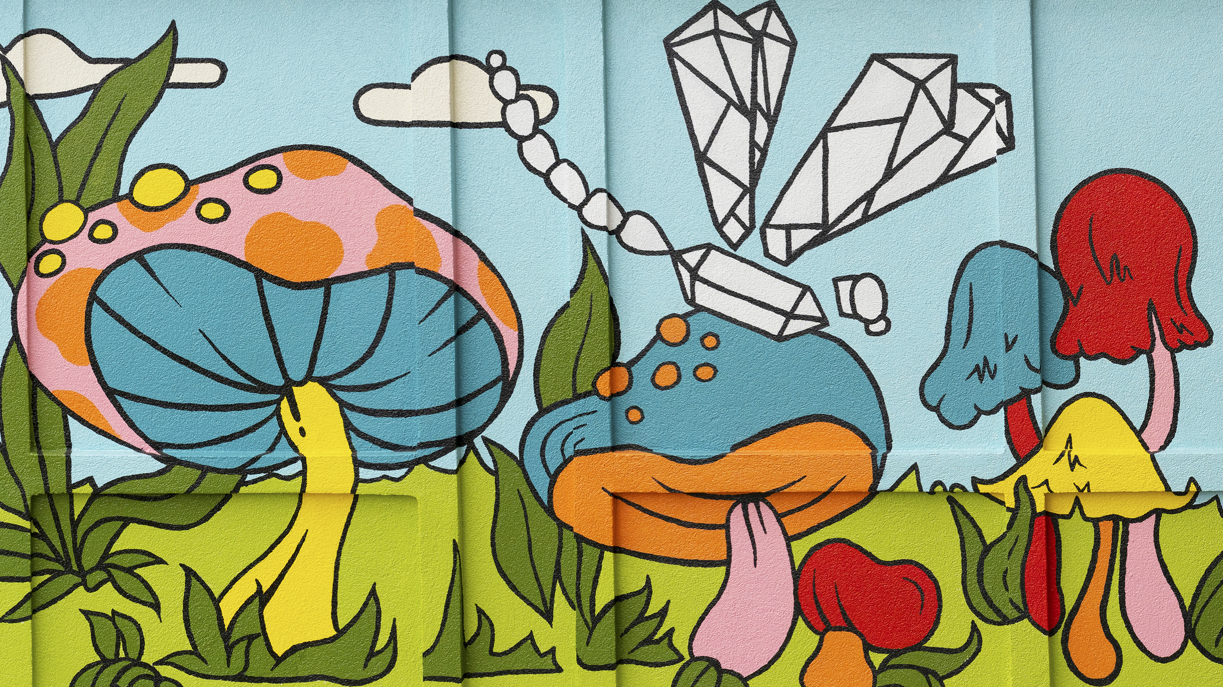 Children's drawing of colorful mushrooms and plants with a blue sky background.