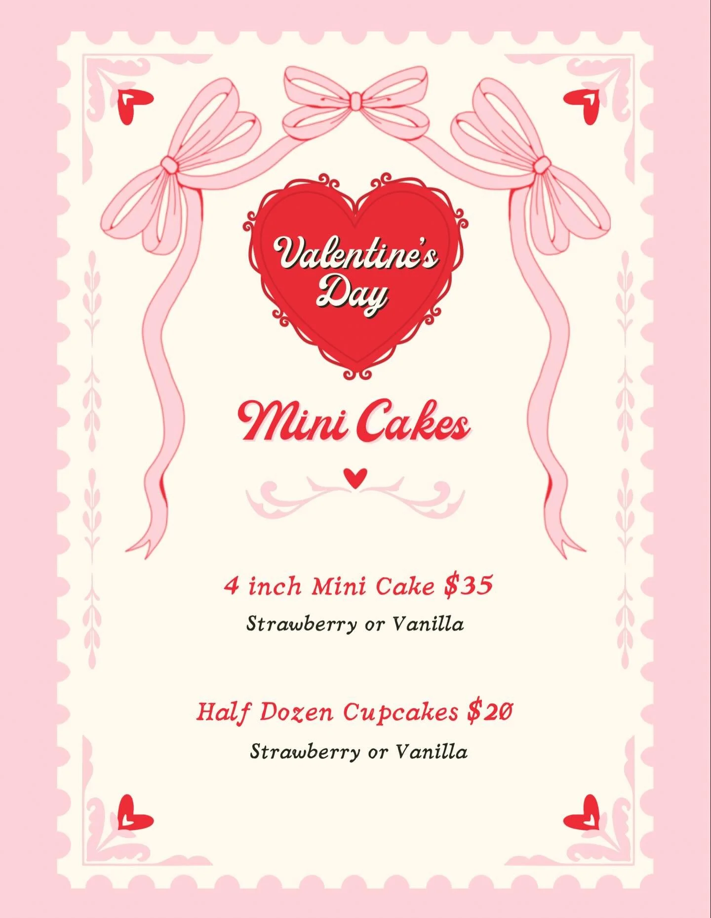💗 Mini Cake &amp; Cupcake Sale 💗
Perfect for Valentine&rsquo;s Day 💕 or Galentine&rsquo;s 🥂

Treat your sweetheart, your besties, or yourself with gluten-free mini cakes and cupcakes in these delicious flavors:
✨ Vanilla
🍓 Strawberry

Sweet, sim