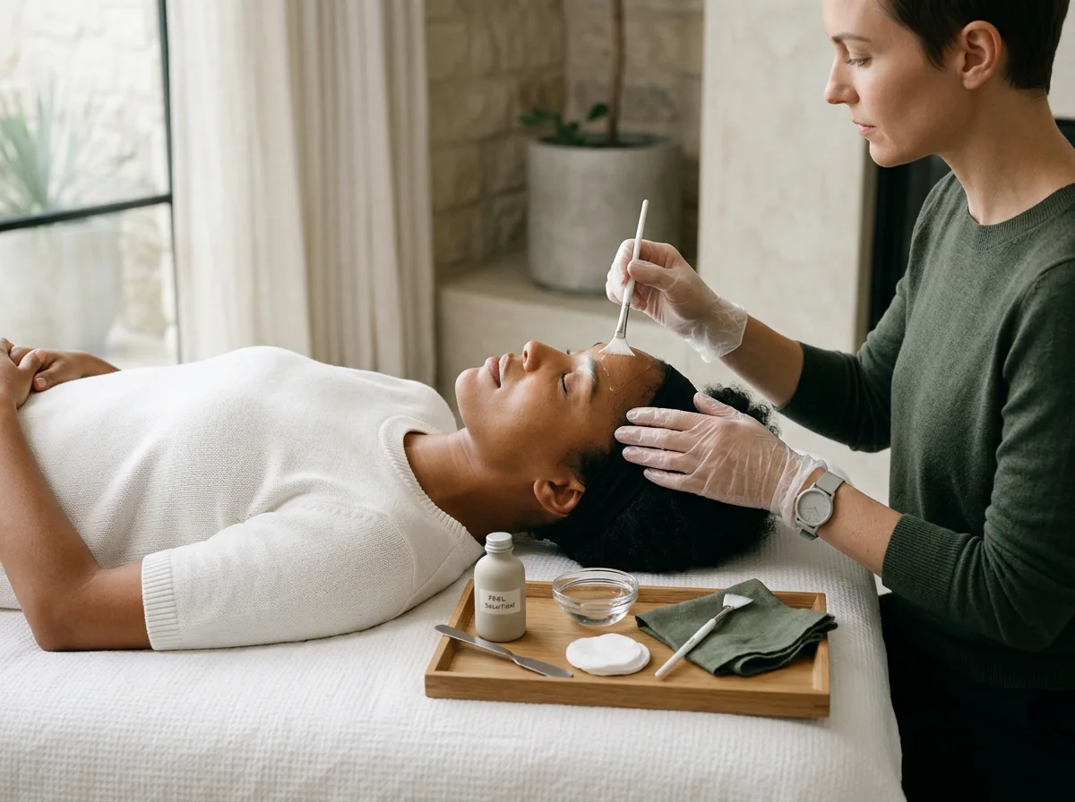 A woman receives a facial treatment while lying on a spa bed, with a skincare professional applying a mask or treatment to her face using a brush, in a well-lit room with neutral decor.