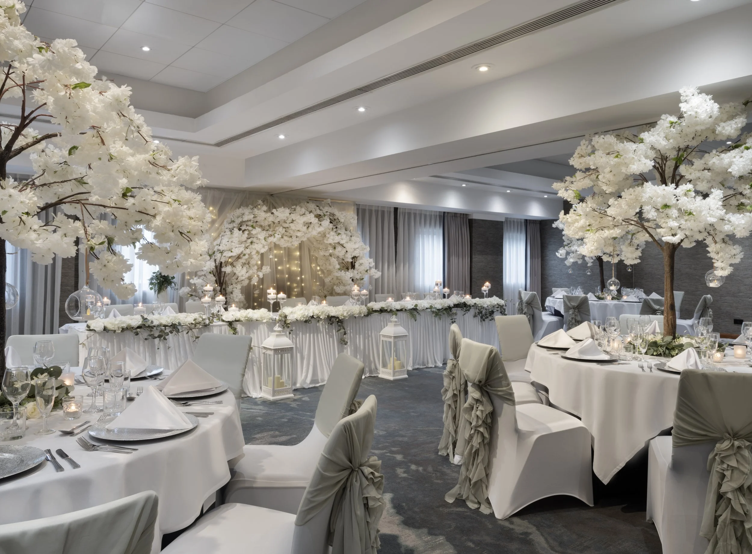 Elegant banquet hall decorated for a wedding reception with white floral arrangements, draped curtains, and candles on tables.