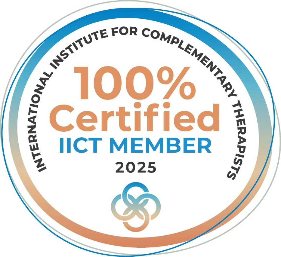 A circular badge with text indicating 100% Certified IICT Member, awarded in 2025 by the International Institute for Complementary Therapists, featuring a stylized logo at the bottom.