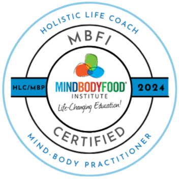 Logo for Mind Body Food Institute showing certification for holistic life coach in 2024, with icon of three overlapping colored circles.