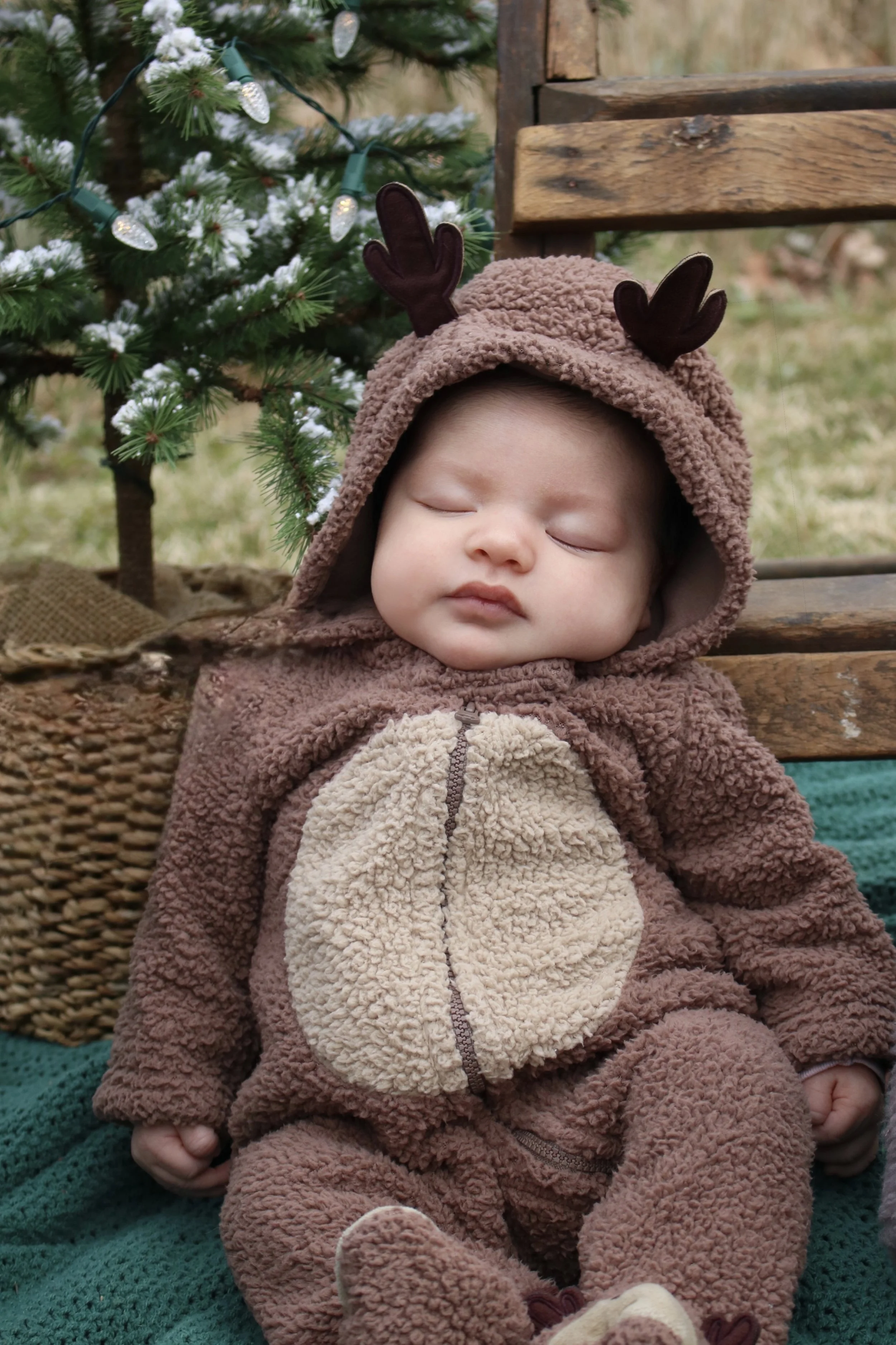 a baby sleeping outdoors wearing a reindeer-themed fuzzy costume with antlers, sitting in front of a decorated Christmas tree.