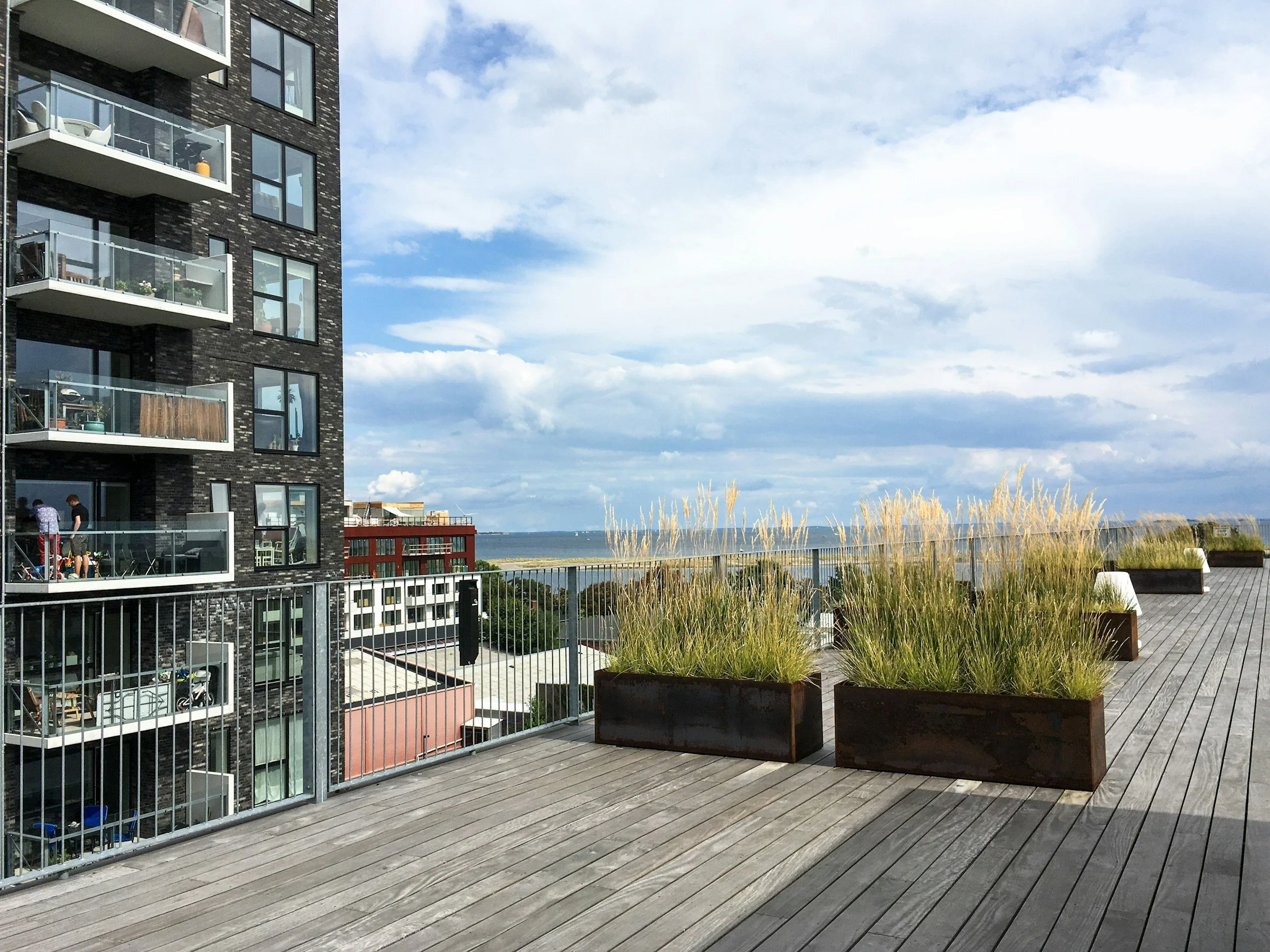 Blick auf eine Dachterrasse mit Holzboden, großen Pflanzkübeln mit grasses und einem Blick auf das Meer im Hintergrund, neben einem schwarzen Wohngebäude mit Balkonen.