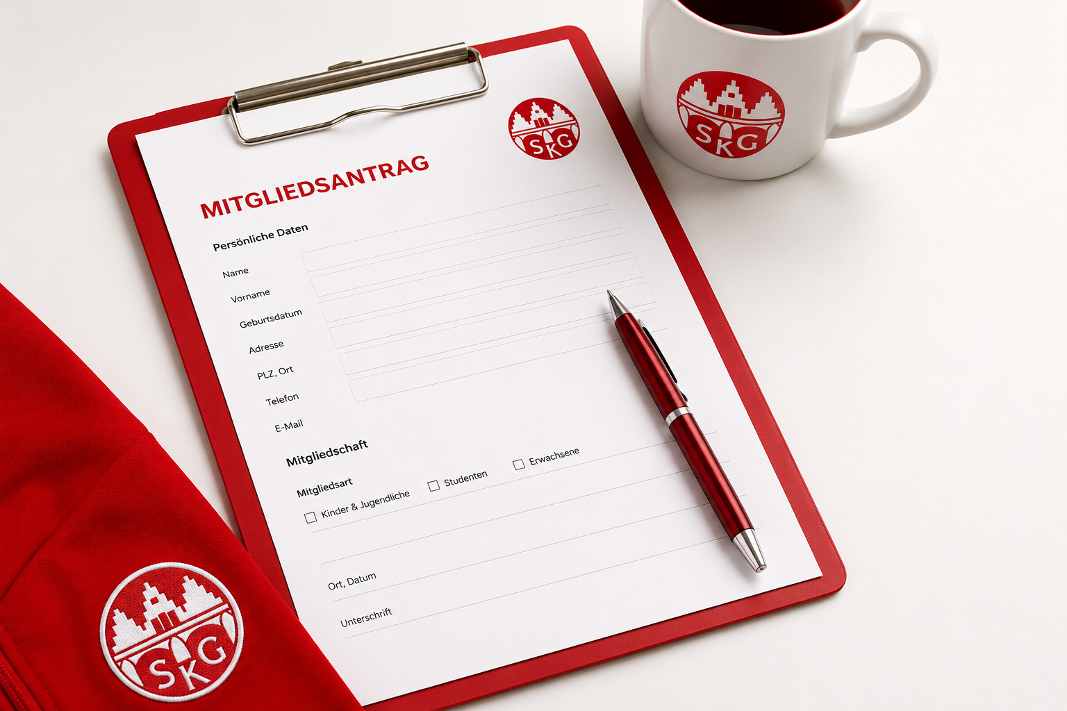 Mitgliedsantrag auf einem roten Clip-Board mit Stift, daneben eine weiße Tasse mit rotem SKG-Logo und eine rote Sportschul-Tasche, alles auf weißem Hintergrund.