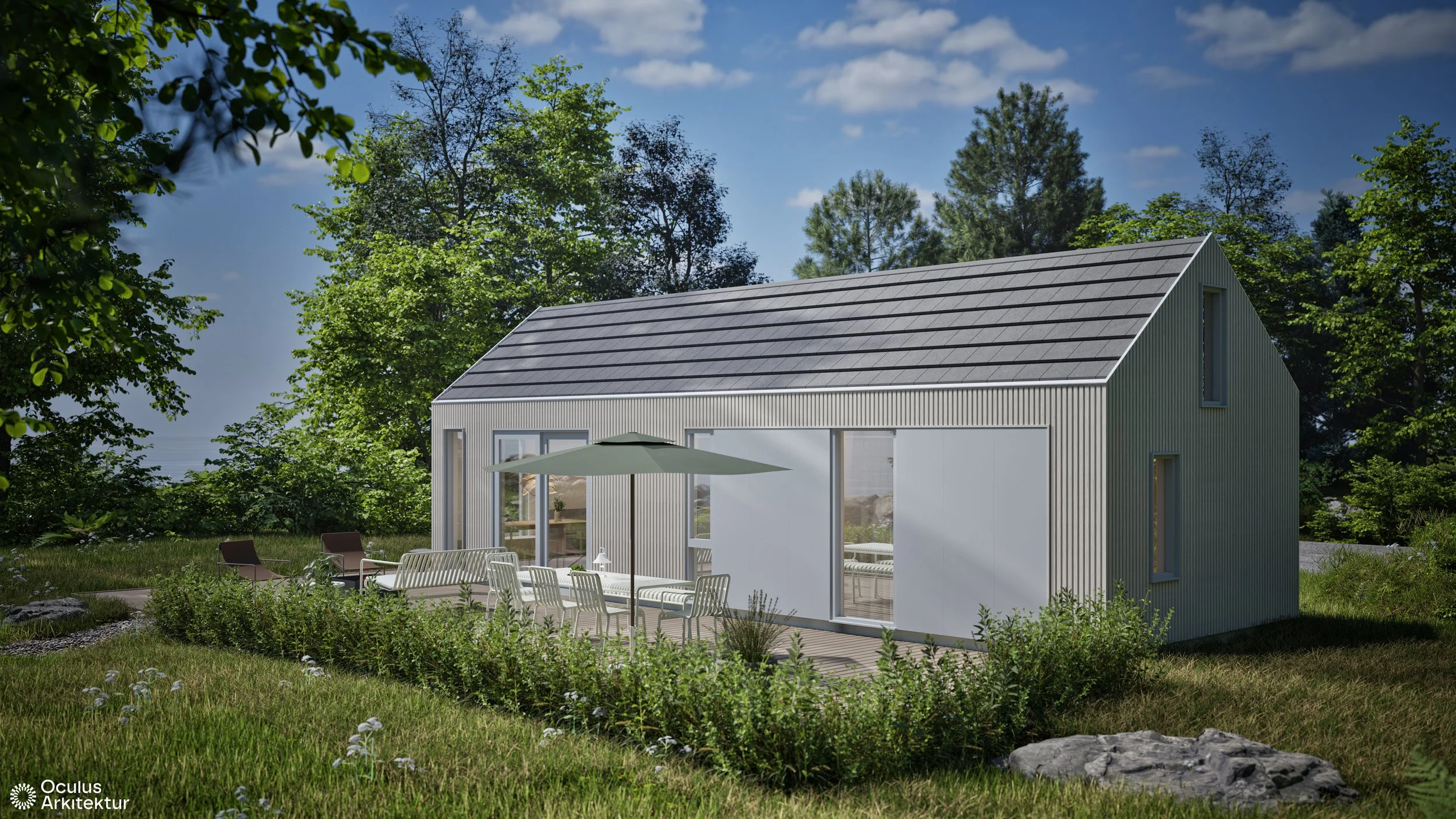 Visualisering av det moderne småhuset i Lillesand, med fokus på enkle former og gode boligkvaliteter.