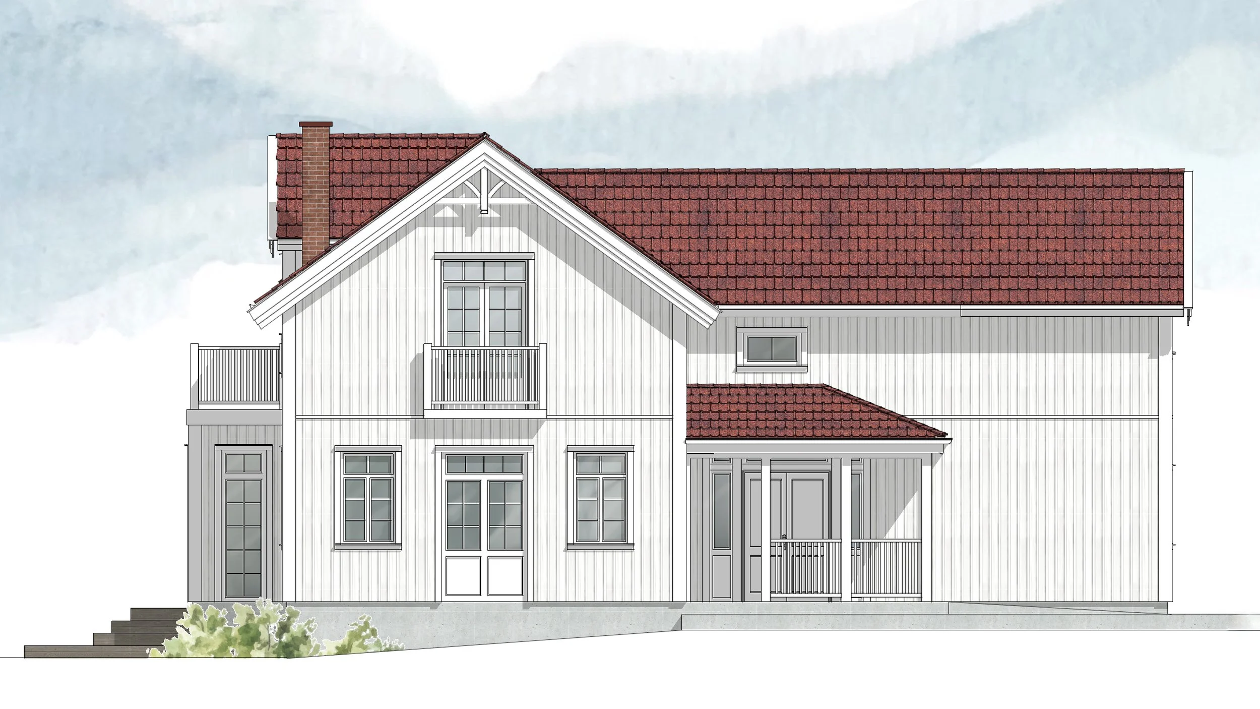 Tradisjonell arkitekttegnet enebolig med hvit stående trekledning, rødt saltak og overbygd inngangsparti i Kristiansand