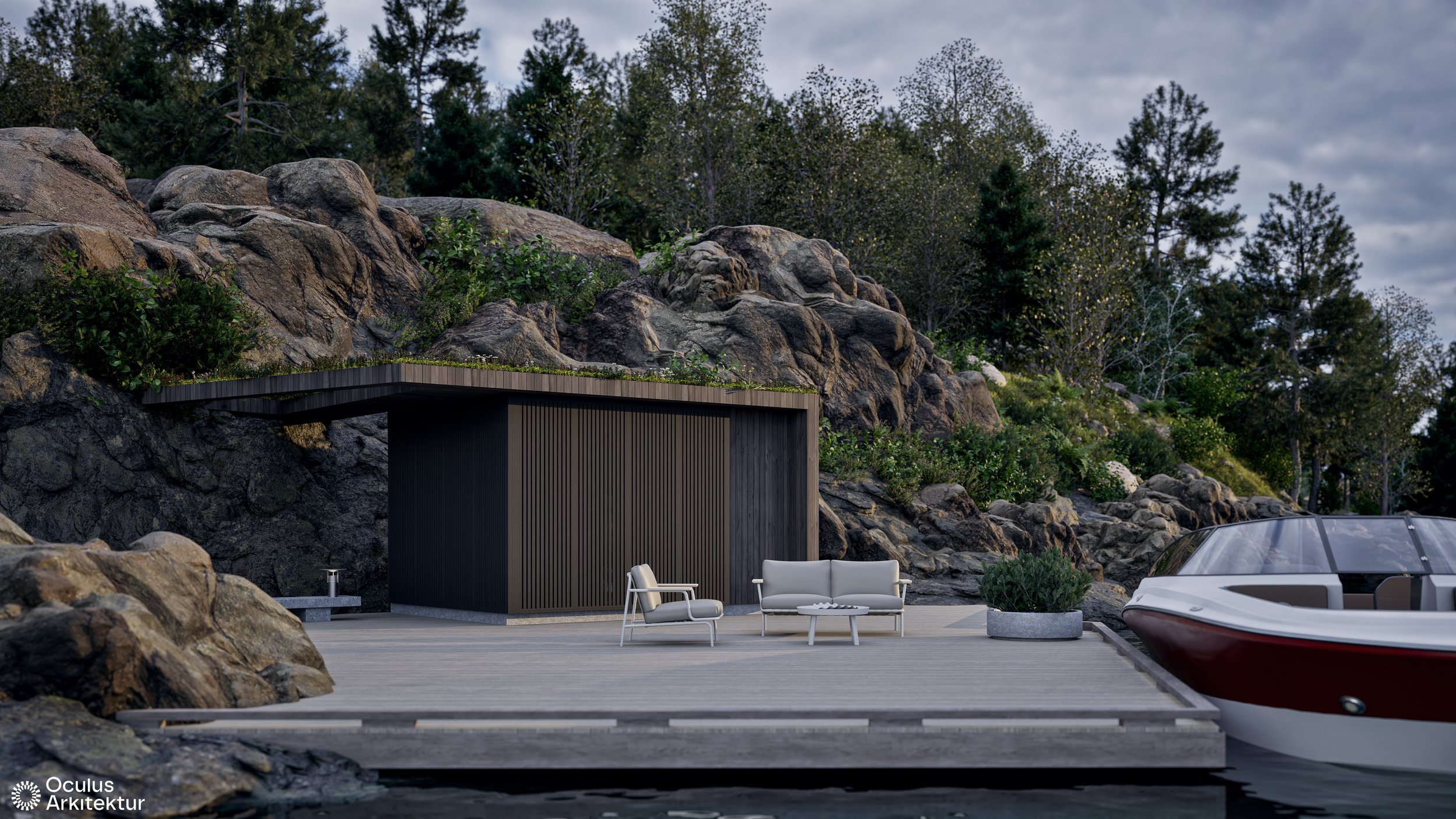 Moderne fritidsbolig i skjærgården i Kristiansand. Brygge med sjøbod, båtplass og badeplass.