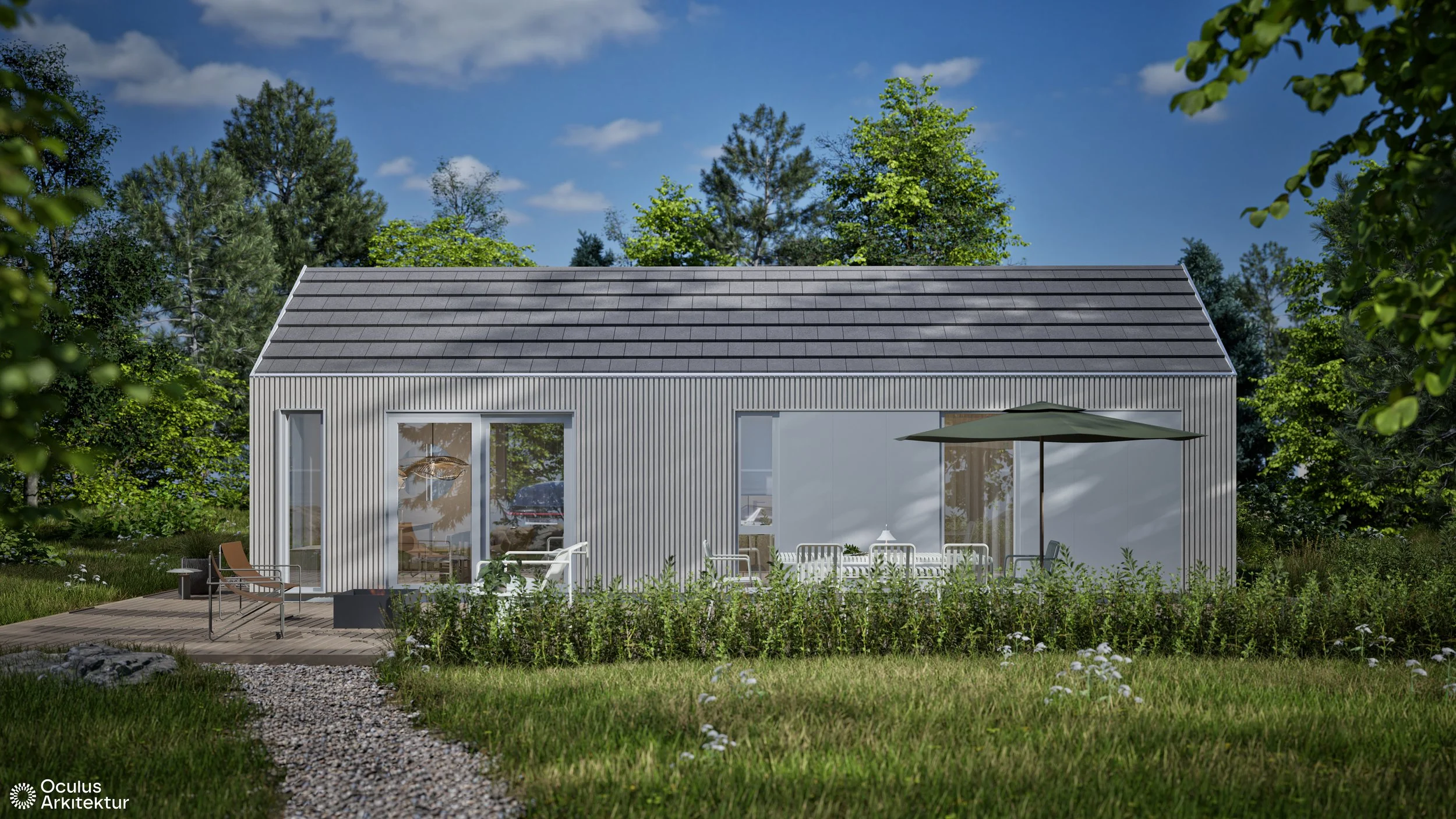 Moderne småhus i Lillesand med et kompakt og funksjonelt arkitektonisk uttrykk.