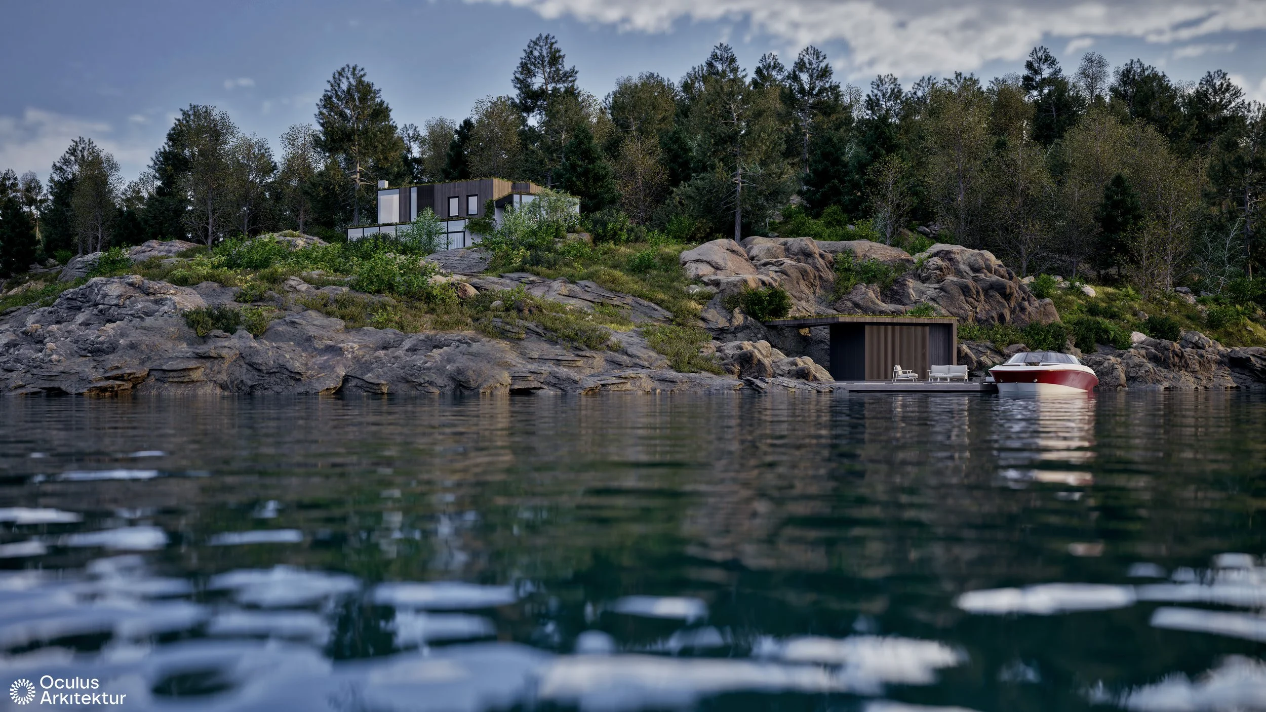 Moderne fritidsbolig i skjærgården i Kristiansand. Eiendommen sett fra sjøen.