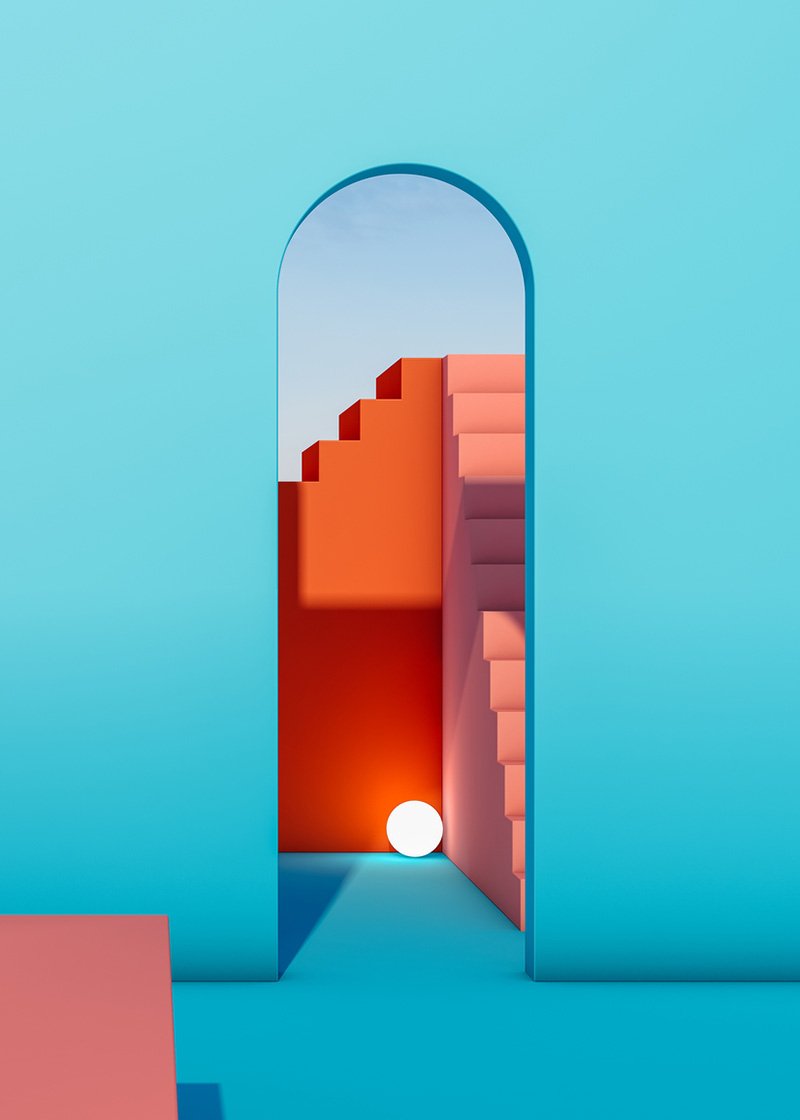 blur arch looking out into sky and orange stairs