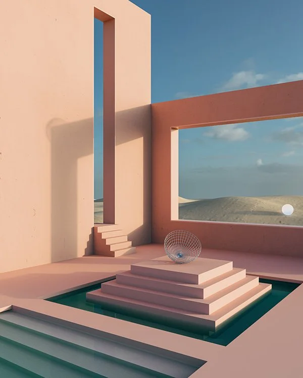 pink stairs going in different directions overlooking sky