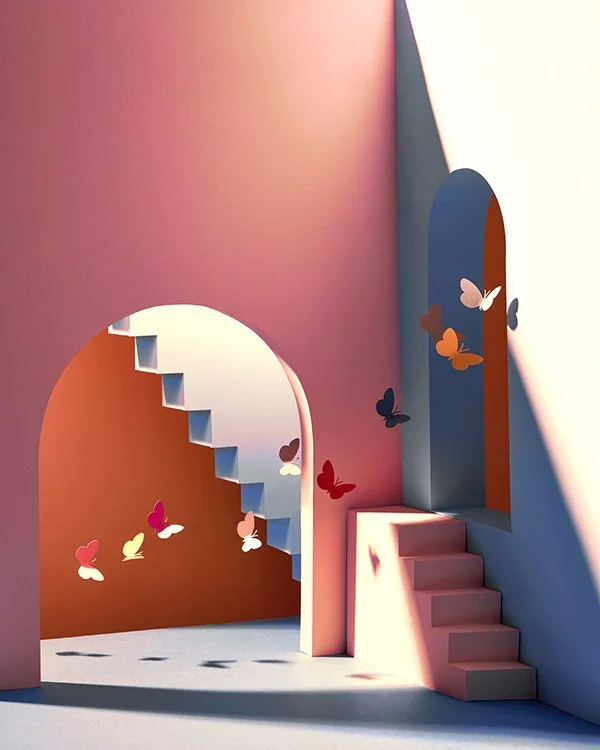 Looking through an arch and seeing butterflies and stairs