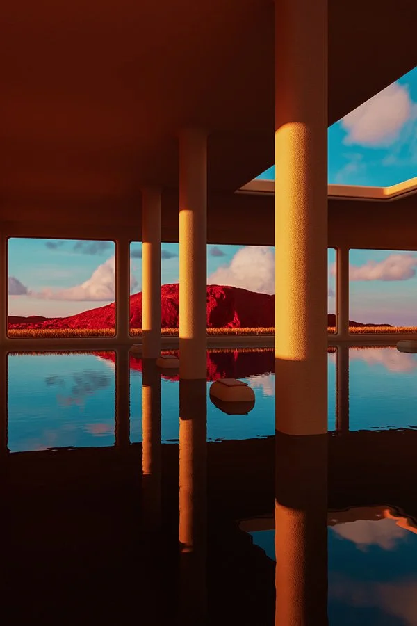 building poles overlooking blue sky and red mountains