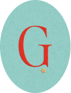 Letter G in red on a light blue oval background