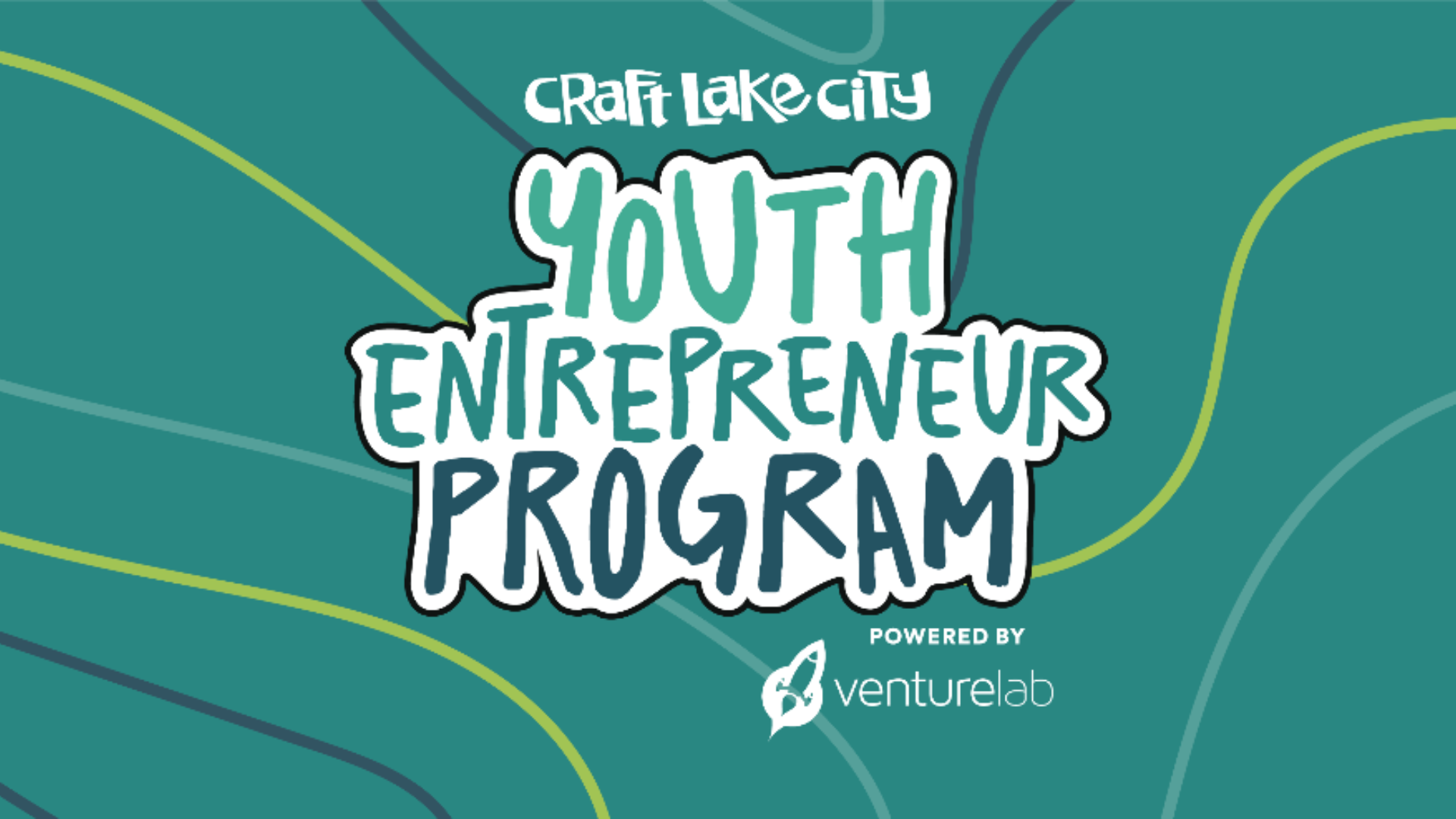 Craft Lake City Youth Entrepreneur Program logo with green, blue, and teal abstract background.