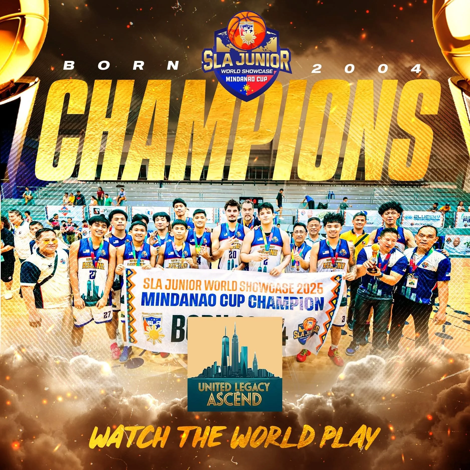 A basketball team and coaches celebrating their victory at the SLA Junior World Showcase 2025, holding a banner that reads 'Mindanao Cup Champion.' The background shows a large 'CHAMPIONS' text and a logo for the event, with a golden and fiery theme. The players are smiling, wearing medals and team uniforms, with some giving thumbs up.