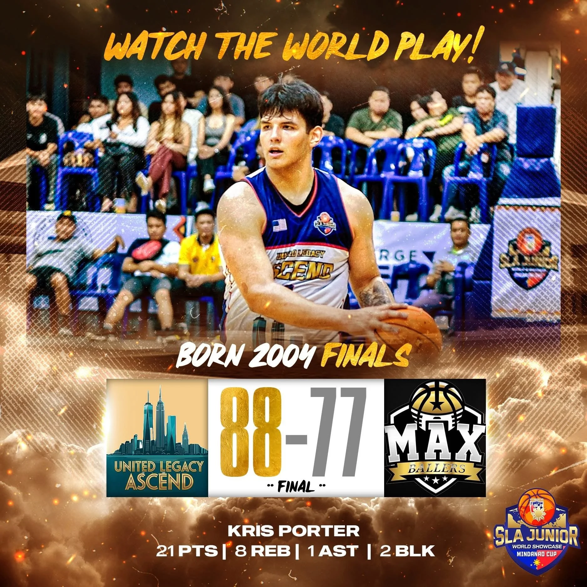 A basketball player in a blue and white jersey holding a basketball during a game in a sports arena, with spectators in the background. Overlaid text shows the final score of 88 to 77 between United Legacy Ascend and Max Ballers, with player Kris Porter and his stats of 21 points, 8 rebounds, 1 assist, and 2 blocks, along with tournament logos and promotional text.