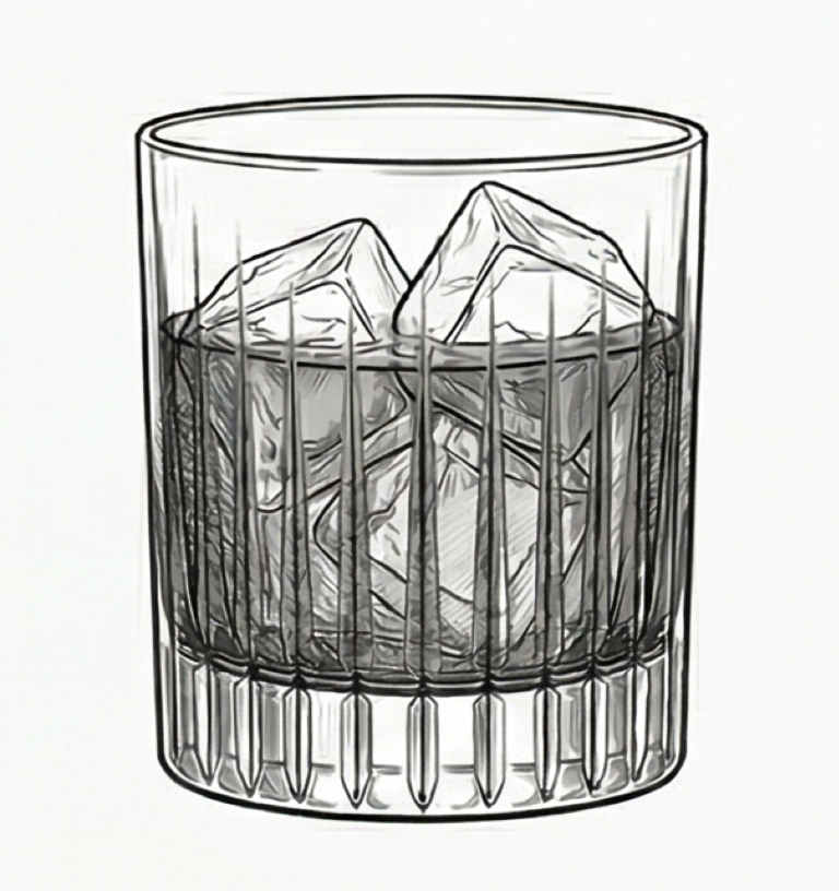 Drawing of a glass with ice cubes inside.