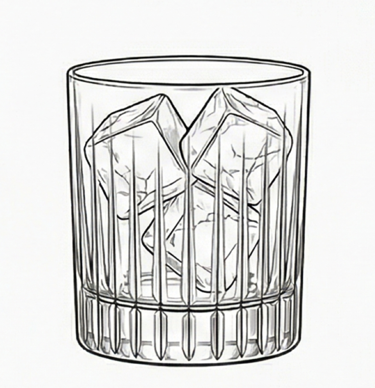 Line drawing of a glass with ice cubes inside.