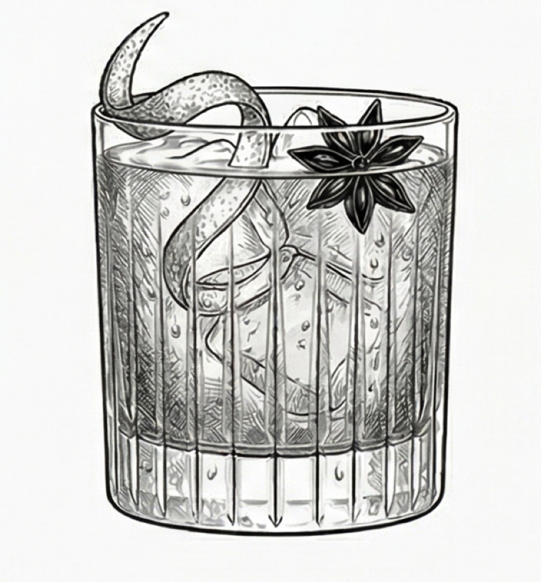 A detailed black and white illustration of a glass with ice, a lemon twist, a star anise, and a cinnamon stick inside.