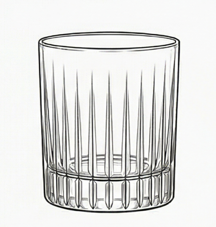 Black and white drawing of a glass tumbler with vertical ridges.