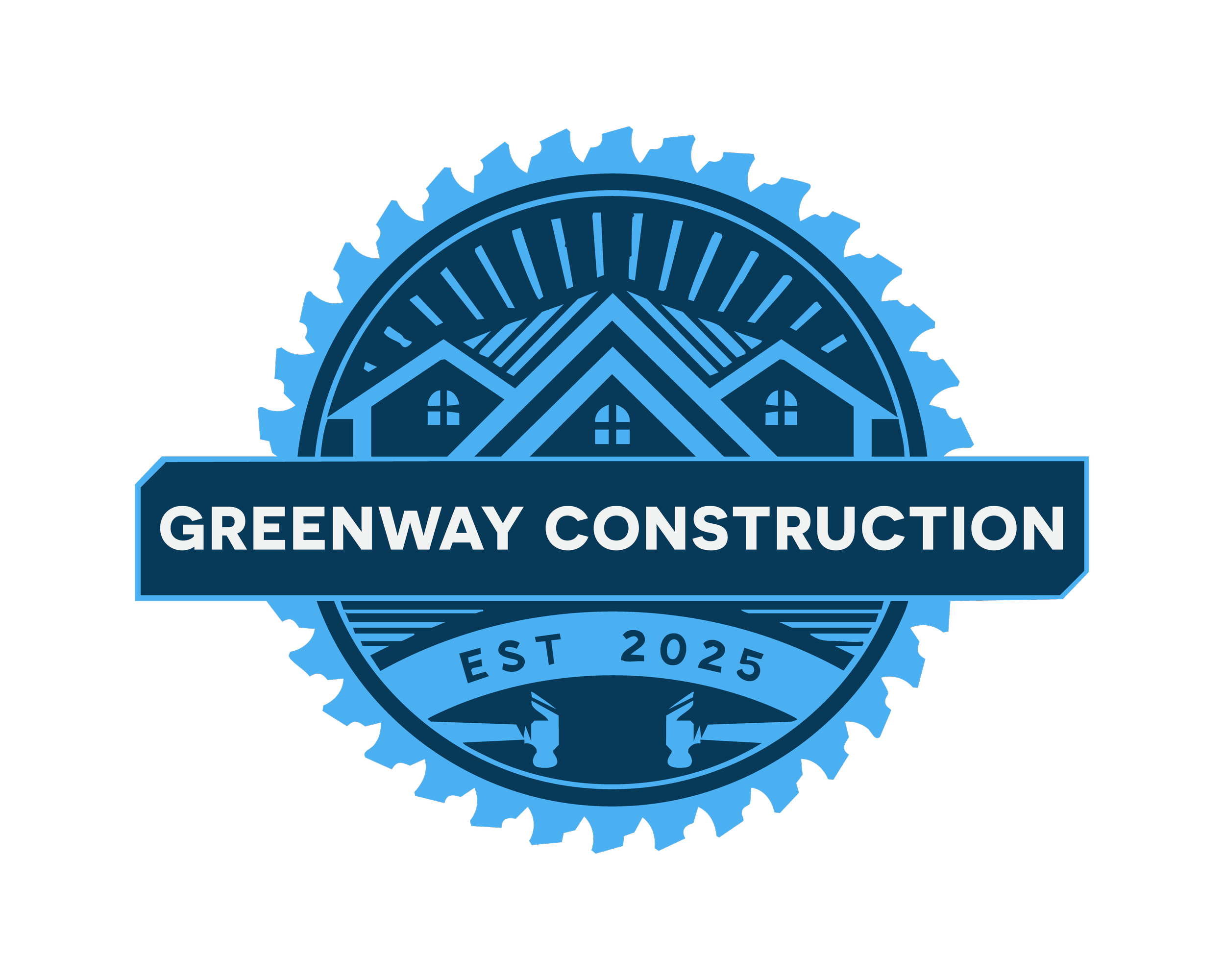 Logo for Greenway Construction with a circular saw blade outline, a bridge, houses, and the text 'Greenway Construction, EST 2025'.