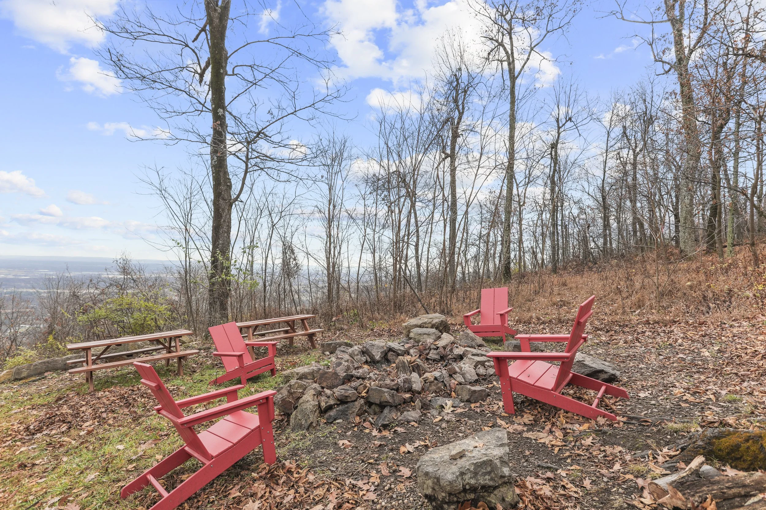 Four pink Adirondack chairs and two picnic tables arranged around a small campfire pit on a hillside wooded area with bare trees and a partly cloudy sky.